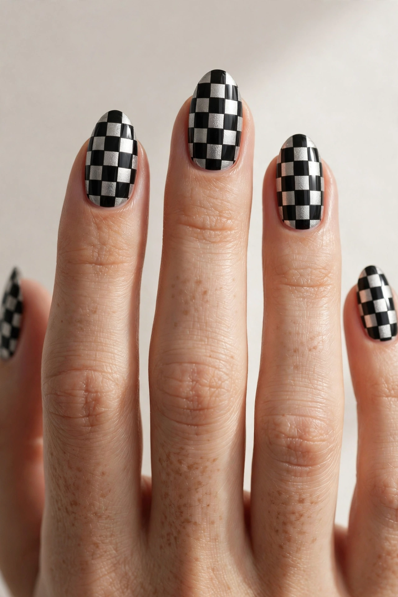 Black and silver checkerboard pattern nails