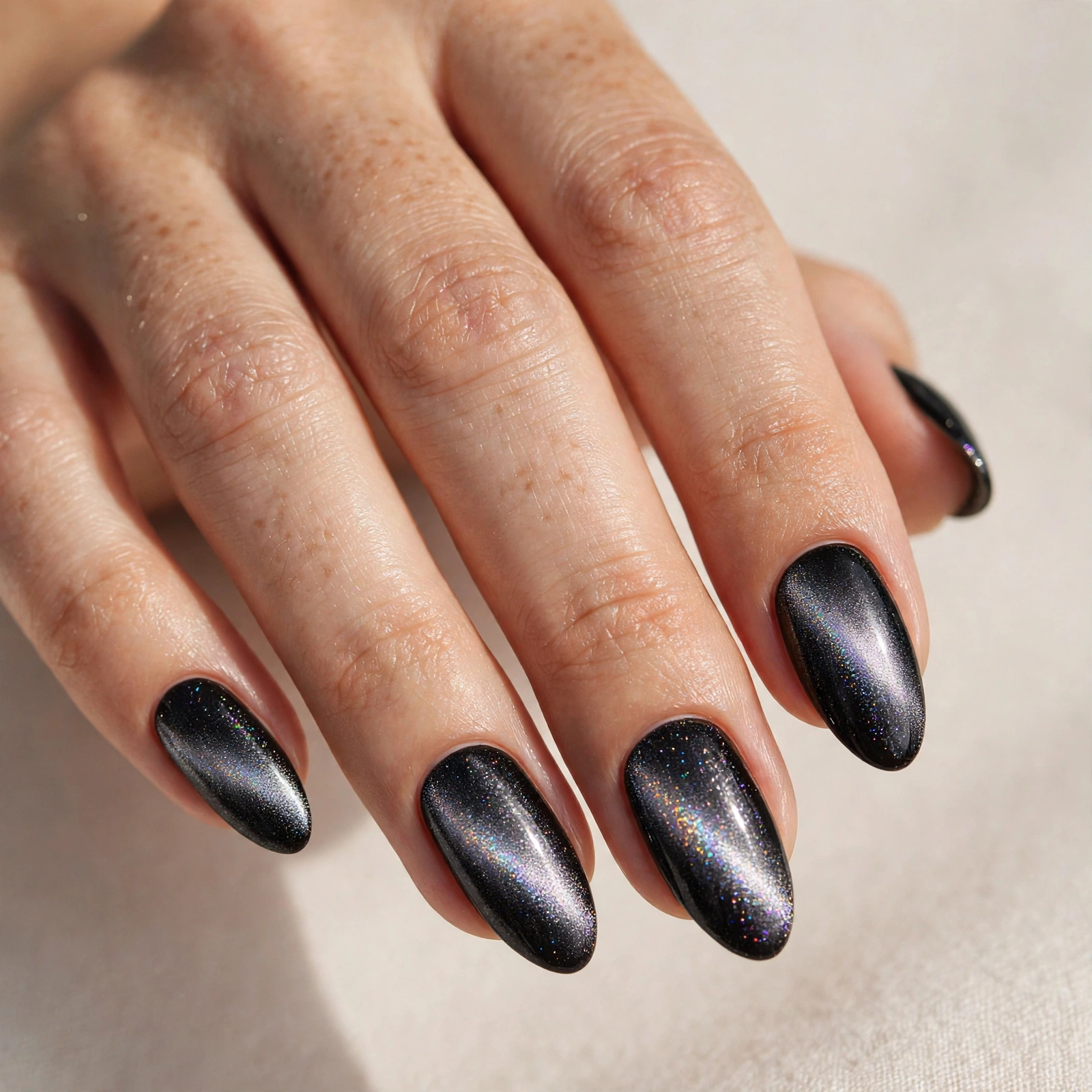 Black nails with silver holographic shimmer