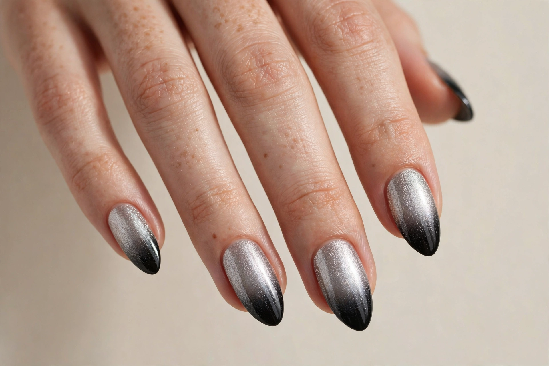 Silver ombre nails fading to black tips
