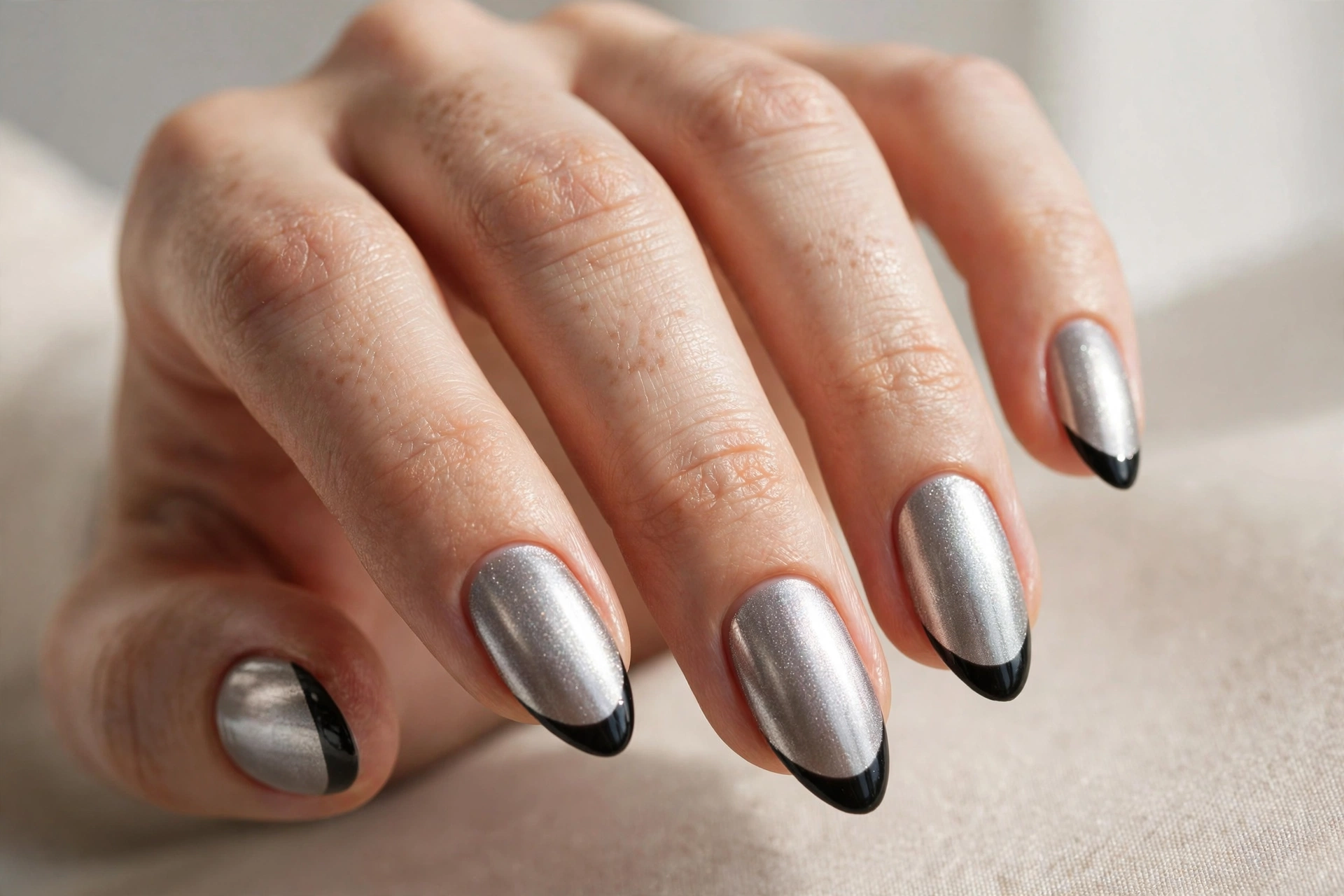 Silver metallic nails with black French tips