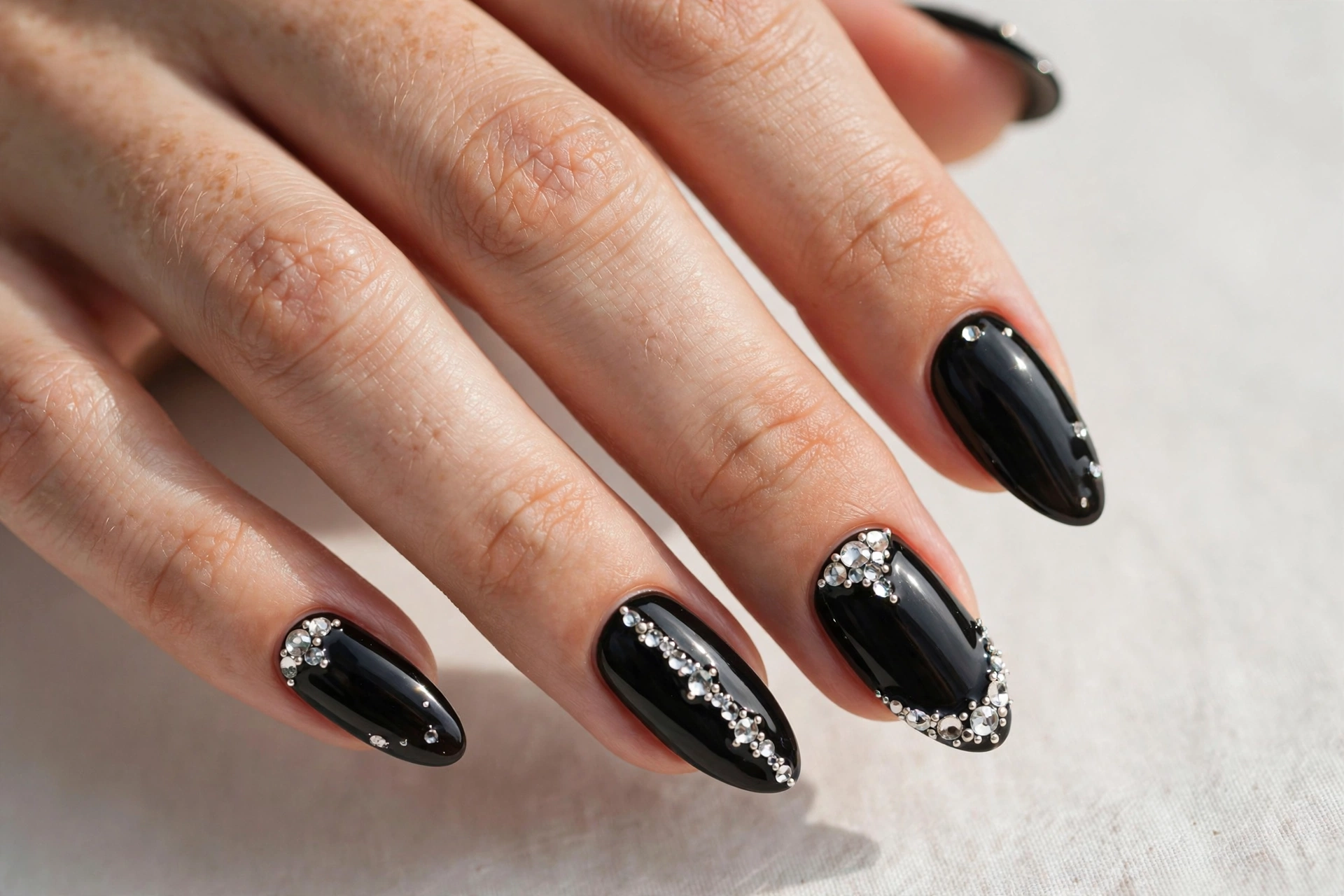 Black nails with silver crystal accents