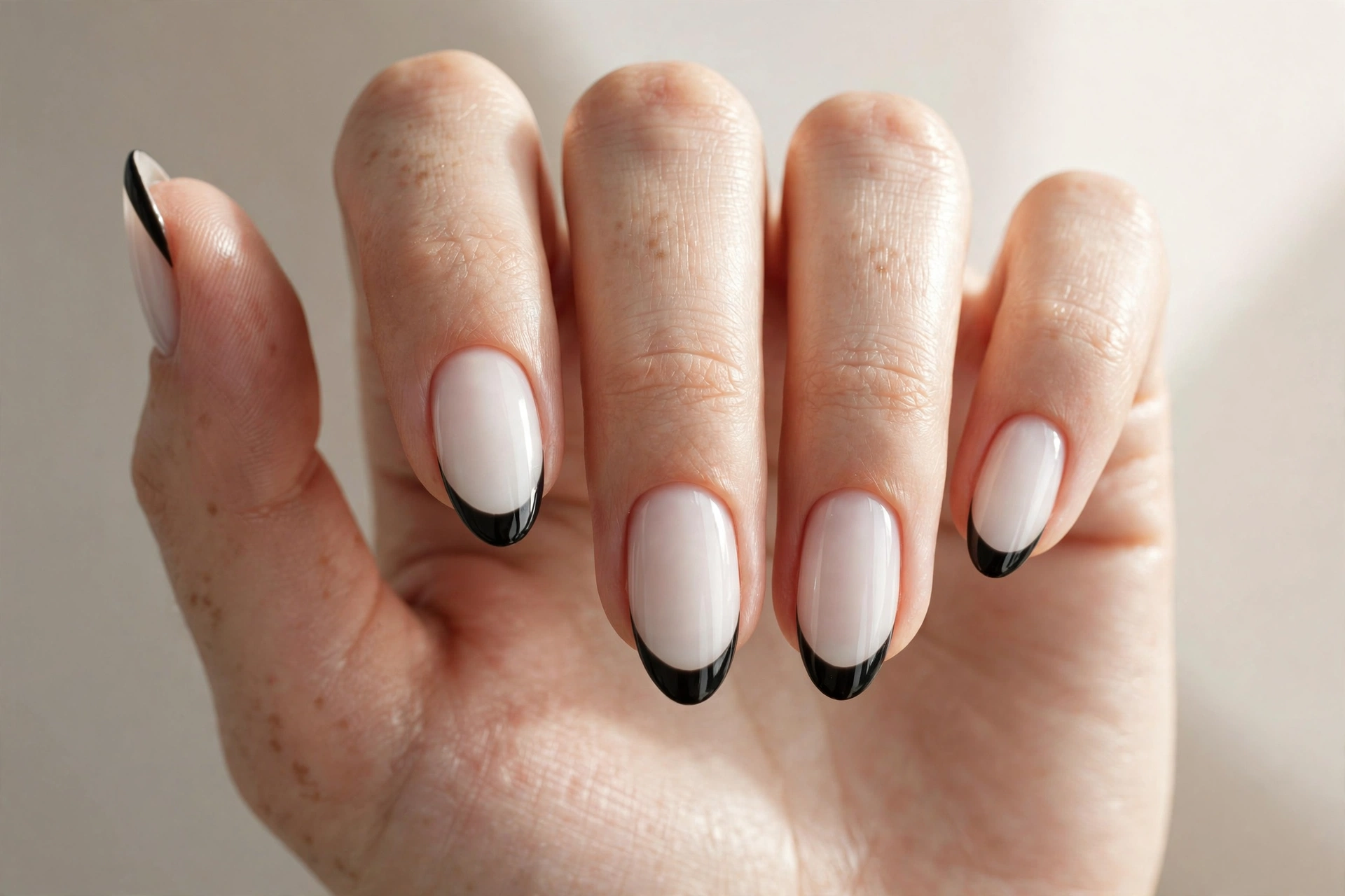 Close-up of a black French tip manicure on milky white nails