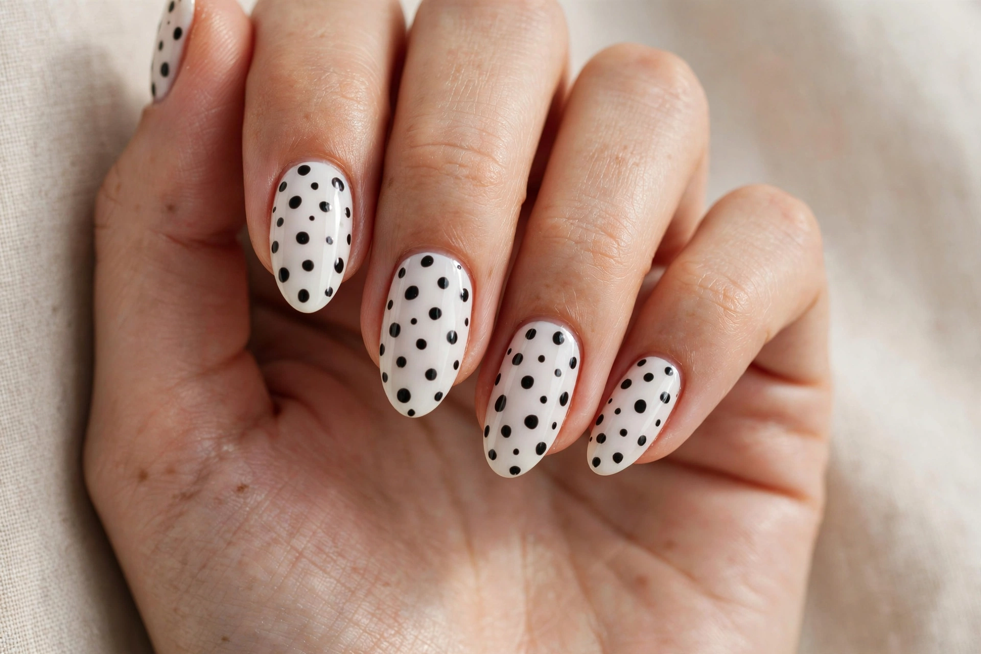 White nails decorated with playful black polka dots