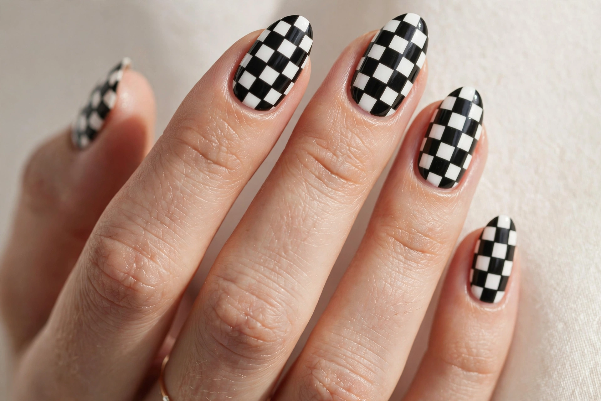 Monochrome checkerboard pattern on almond nails