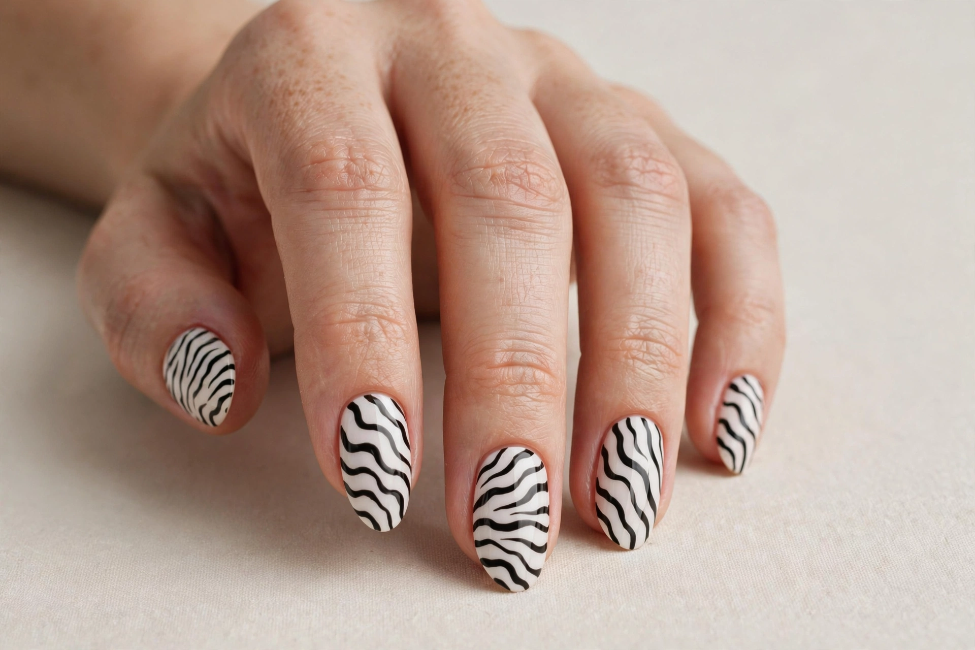 Zebra stripe nail art in black and white