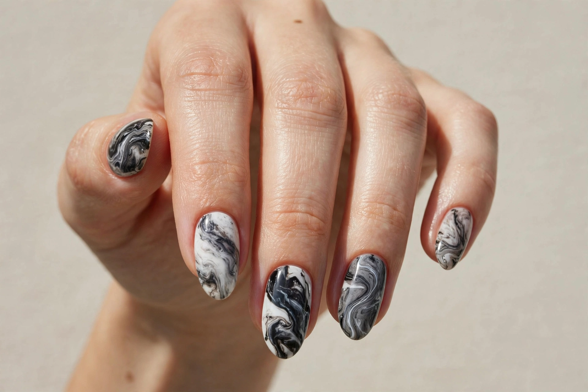 Black and white marble swirl nail design