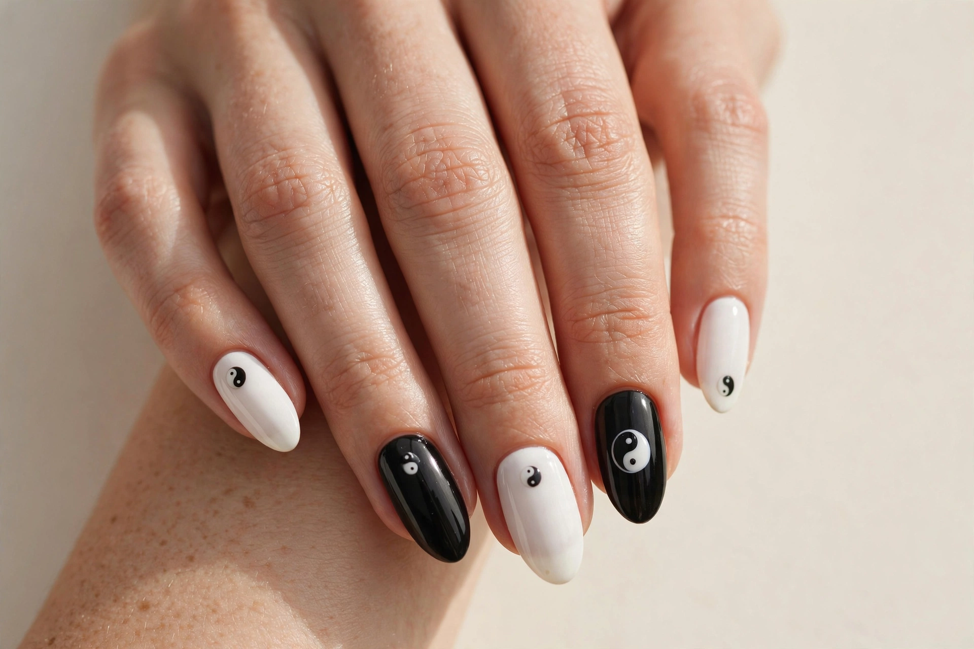Yin yang accent nail design in black and white