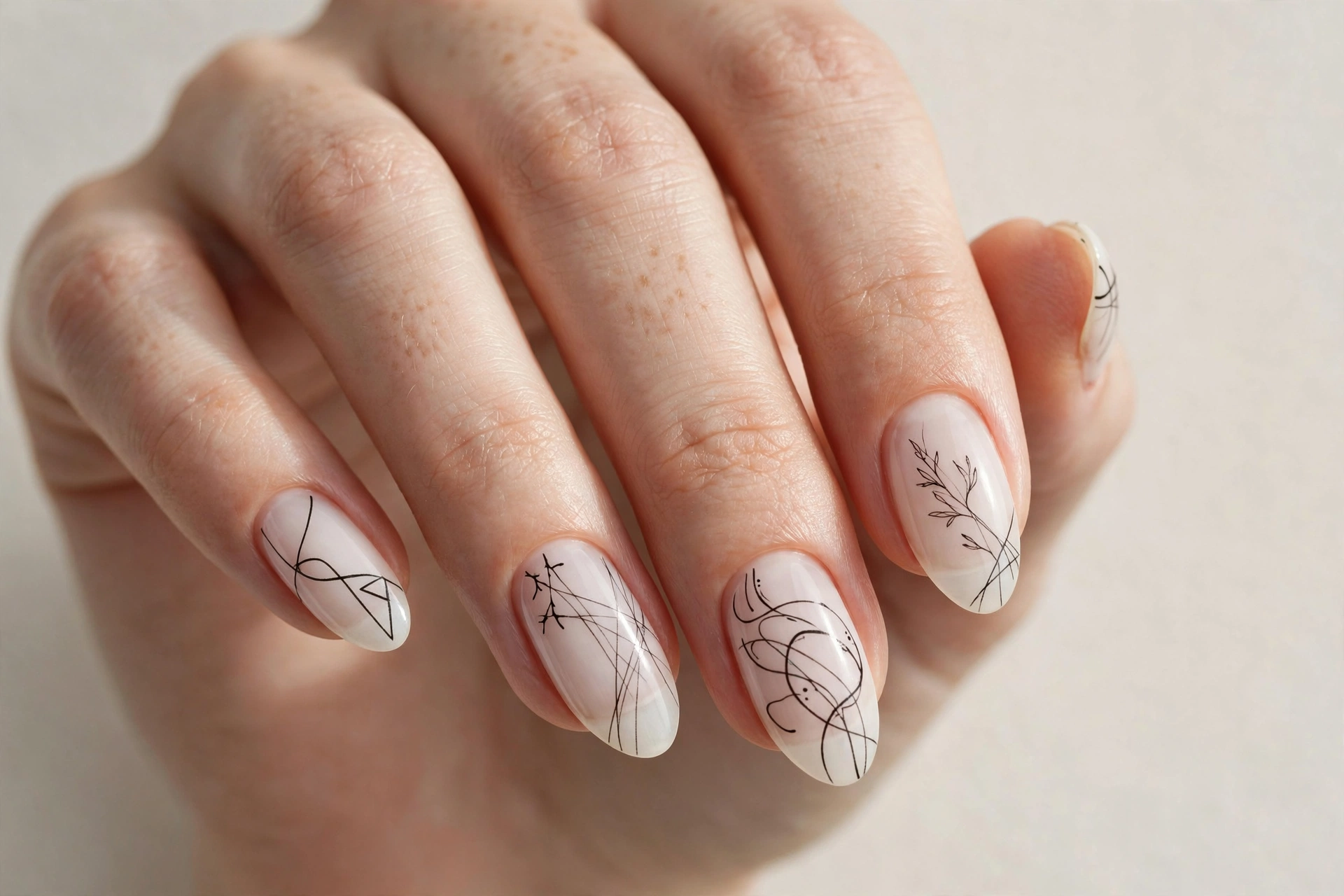 Abstract black line art on sheer white nails