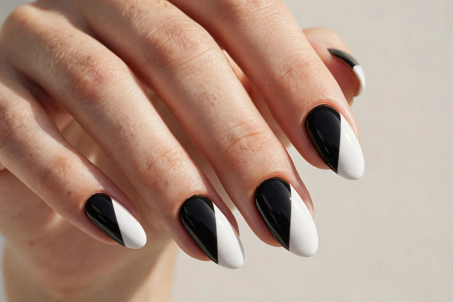 Nails split diagonally between black and white polish