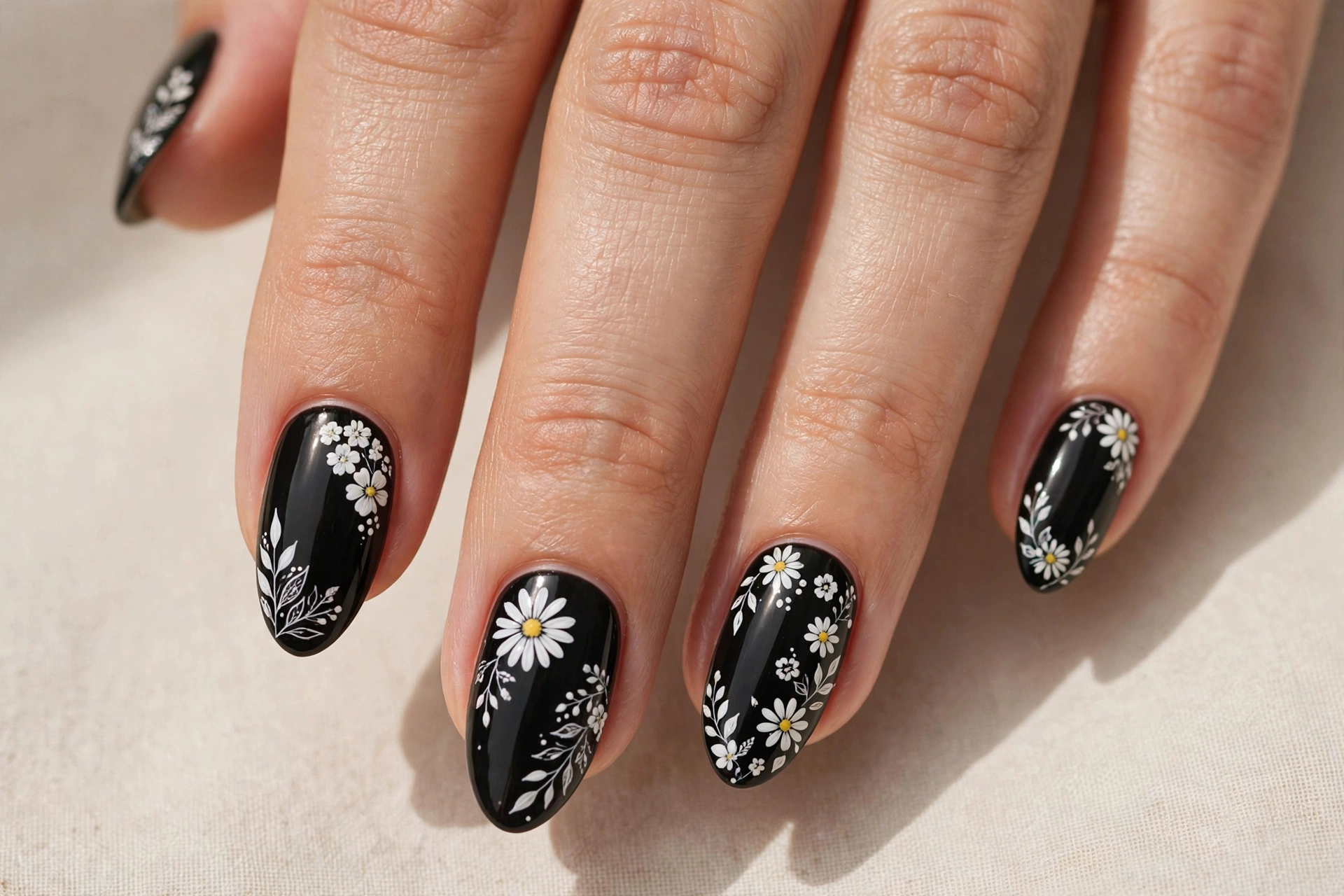 Delicate white daisy art on black nails