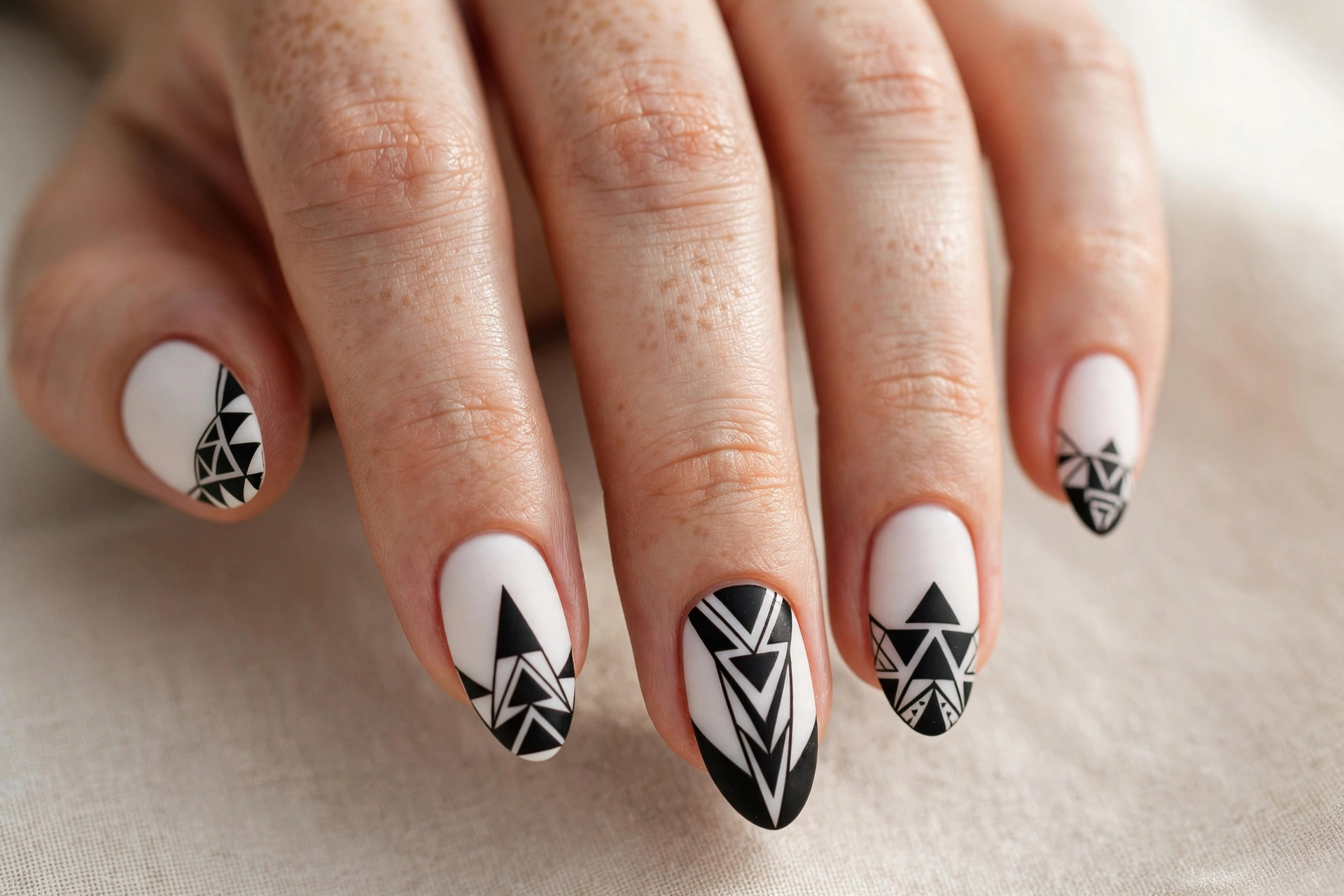 White nails with bold black geometric tips