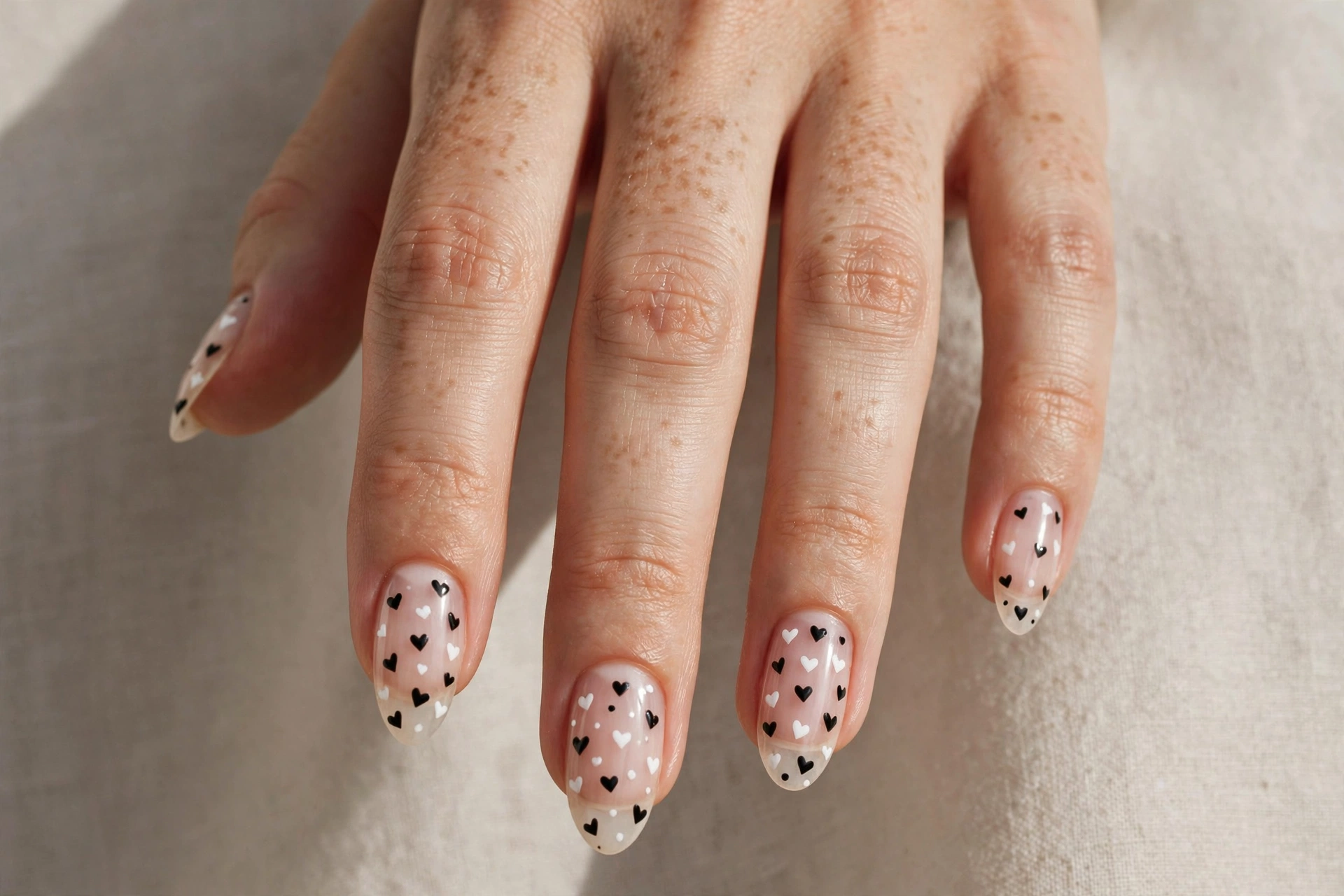 Tiny black and white hearts on natural negative space nails