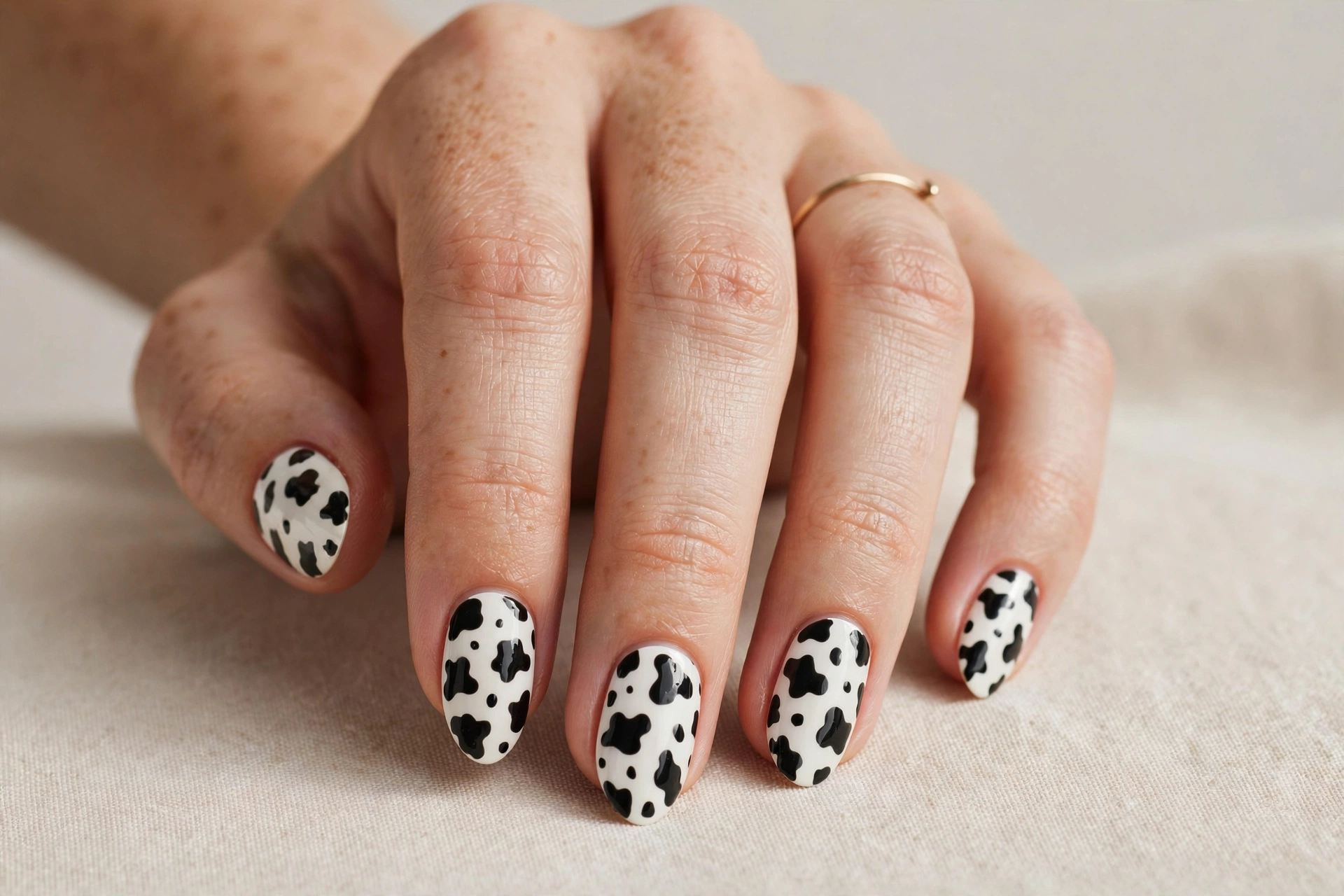 Cow print spot pattern on white nails