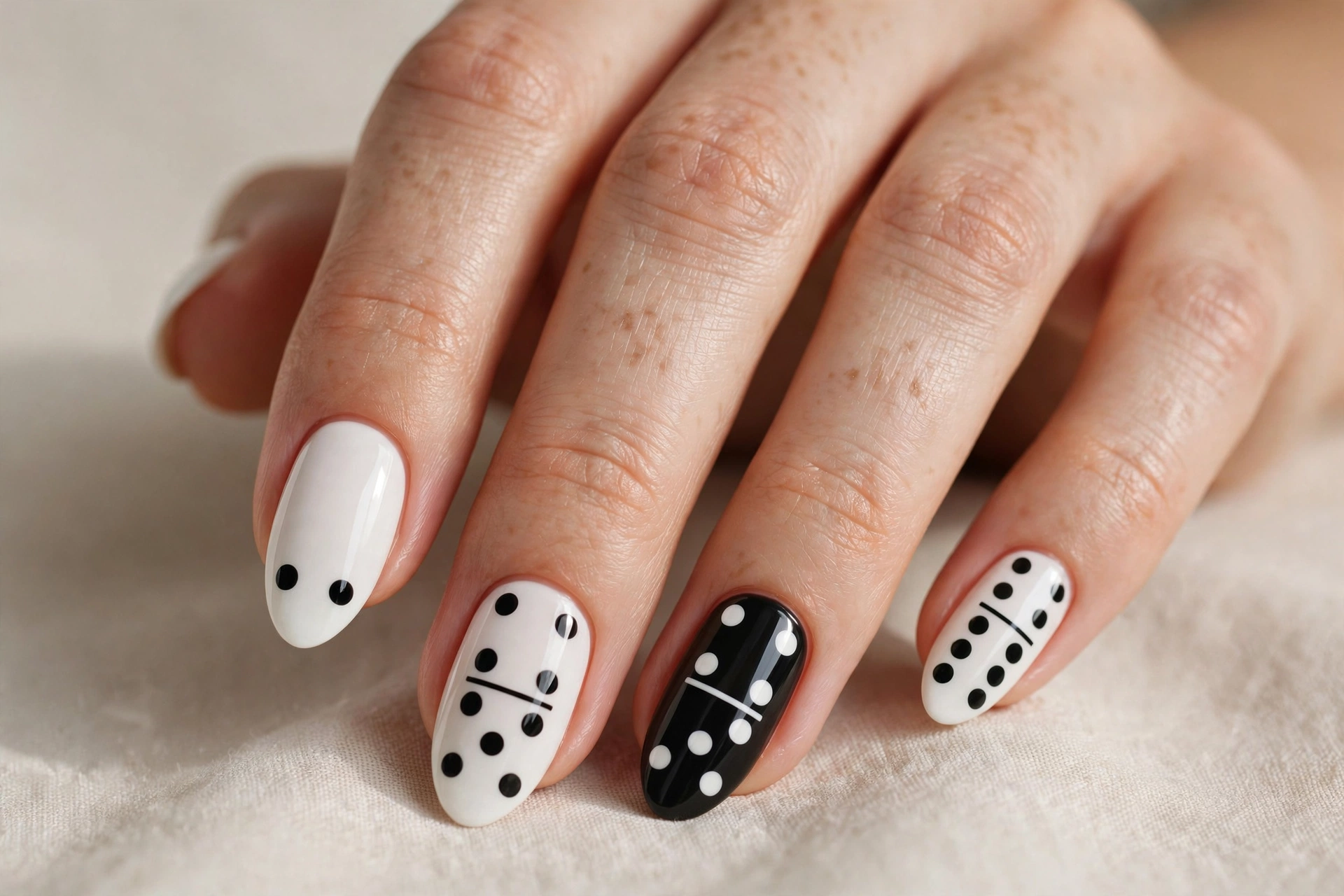 Domino inspired nail art with black and white dots