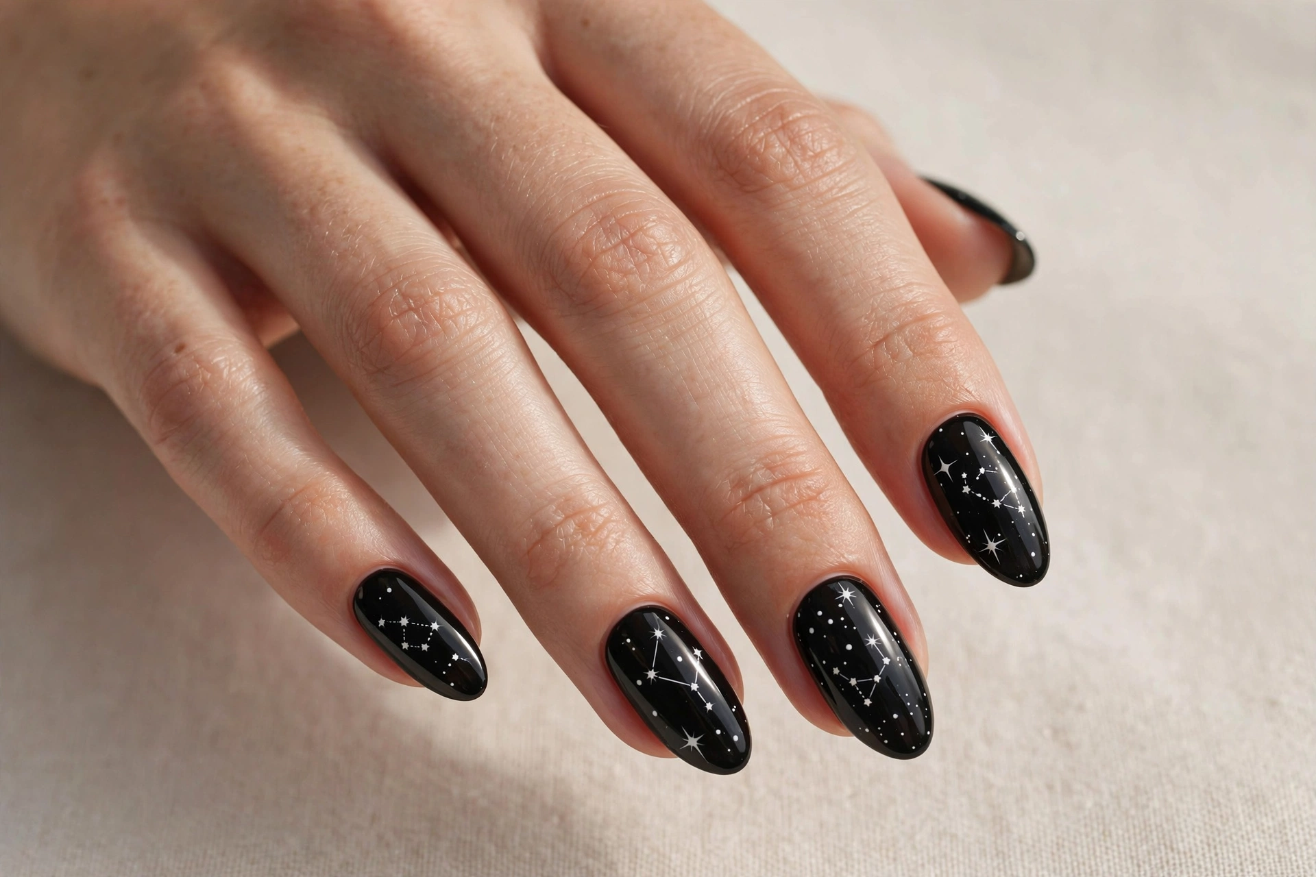 Black nails with tiny white stars and constellations
