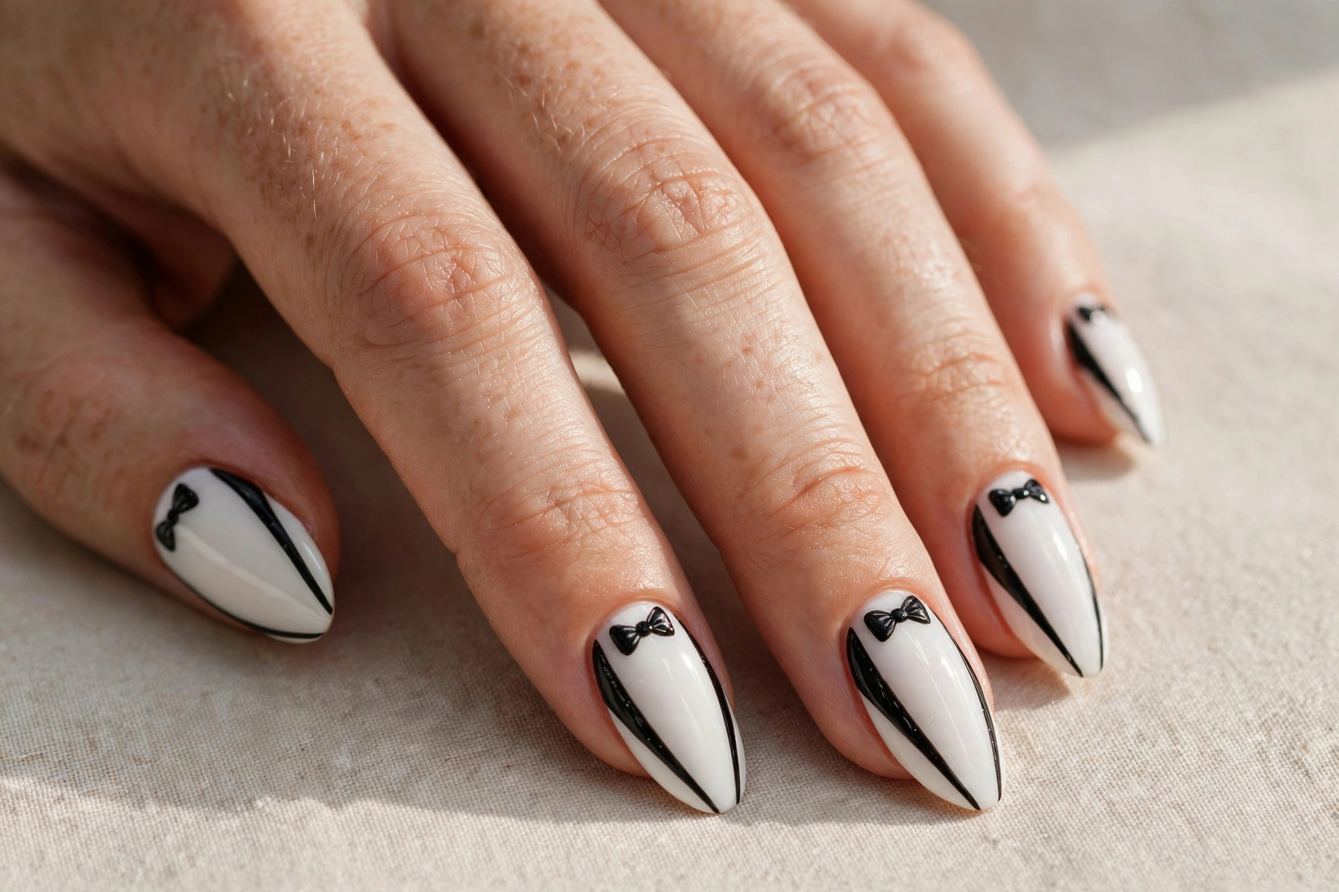 Tuxedo style nail art with black lapel and bow tie detail