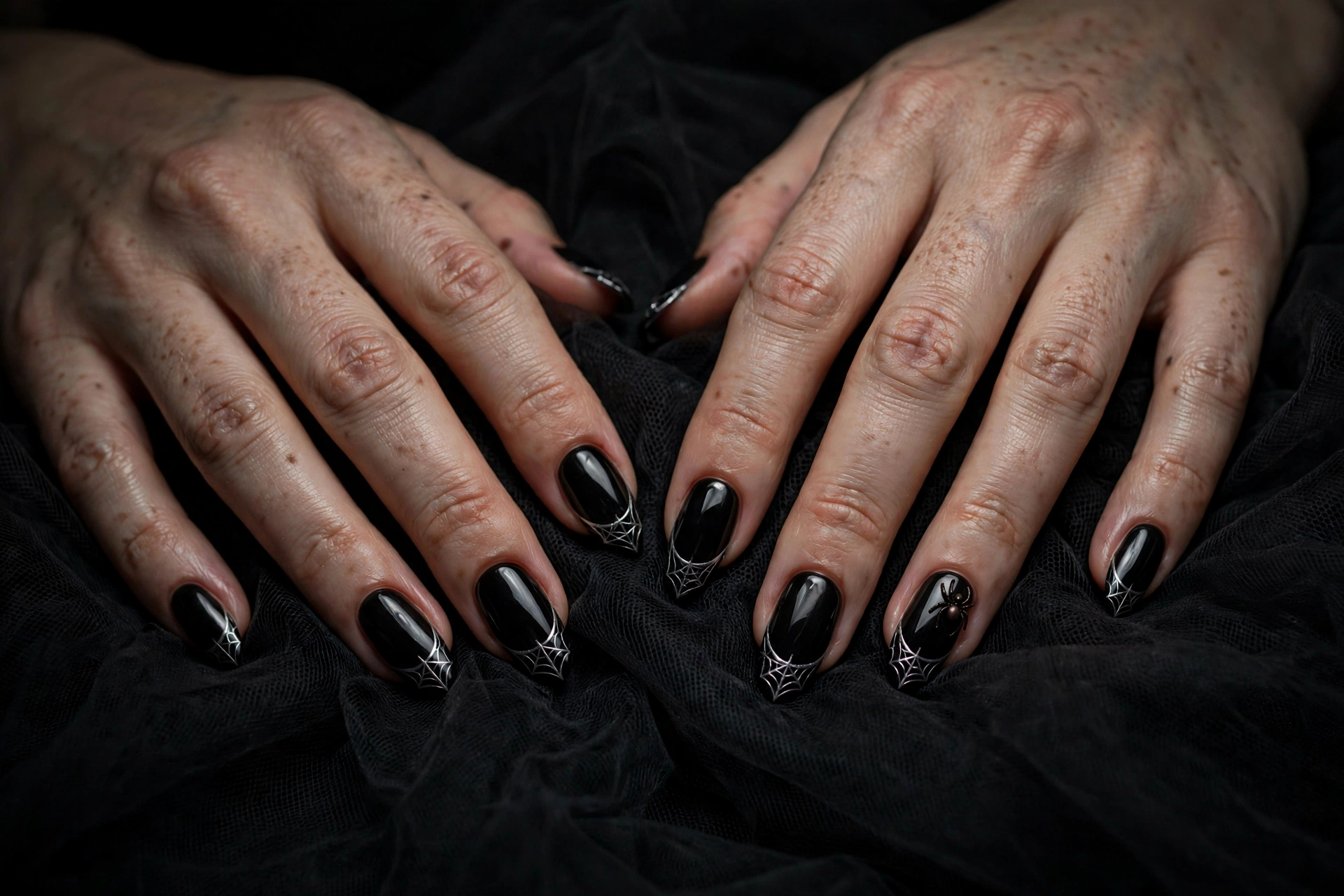 Black Halloween nail designs with silver spiderweb French tips