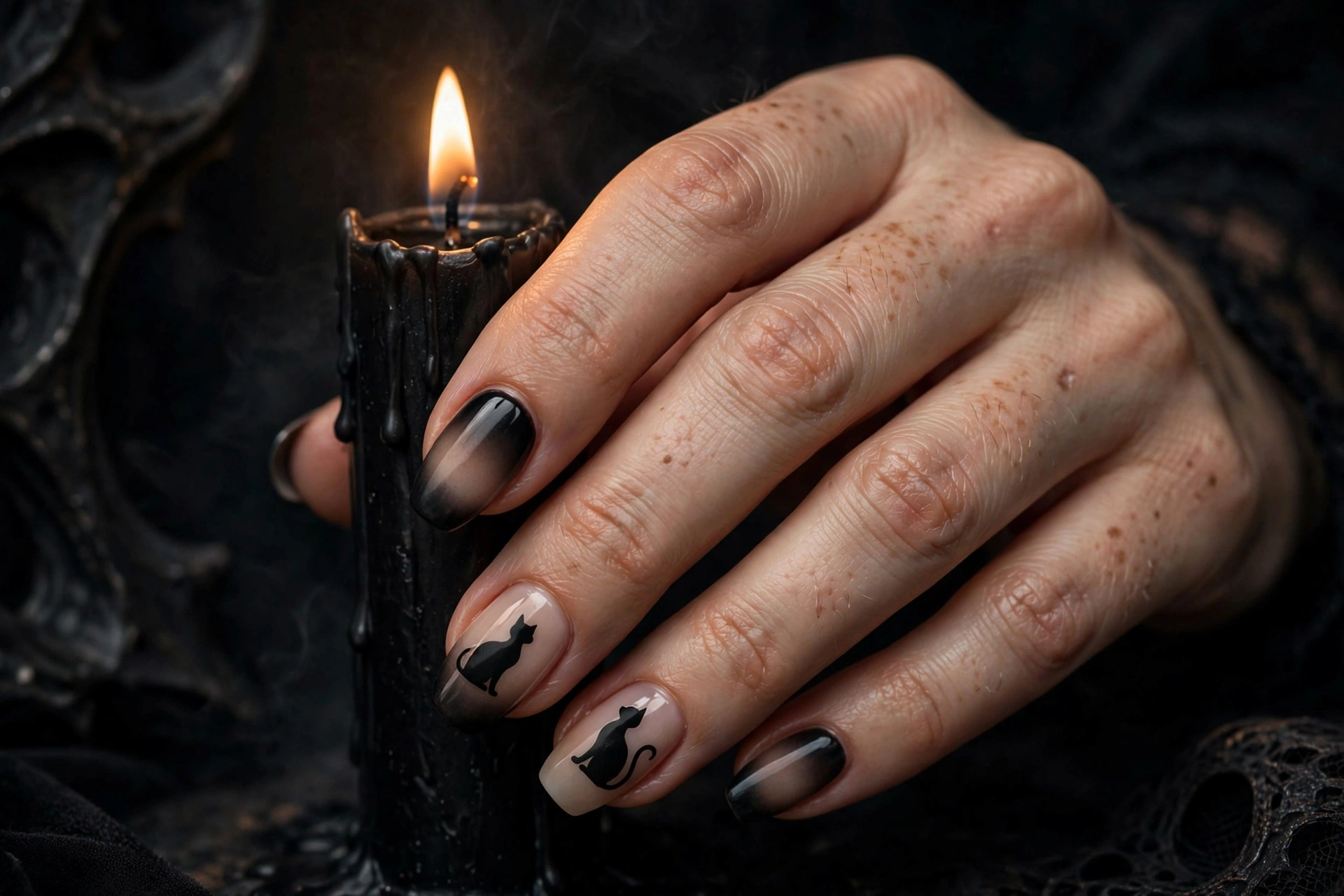 Black cat silhouette Halloween nail art