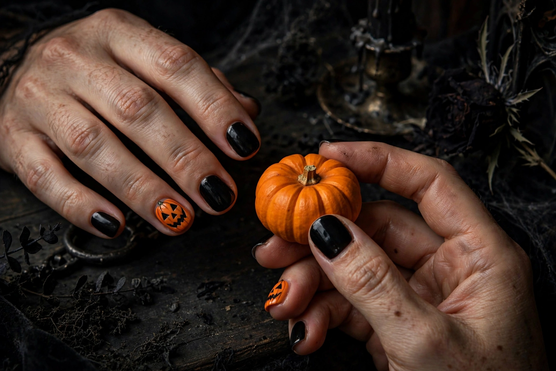 Black Halloween nail designs with orange pumpkin jack-o'-lantern accents