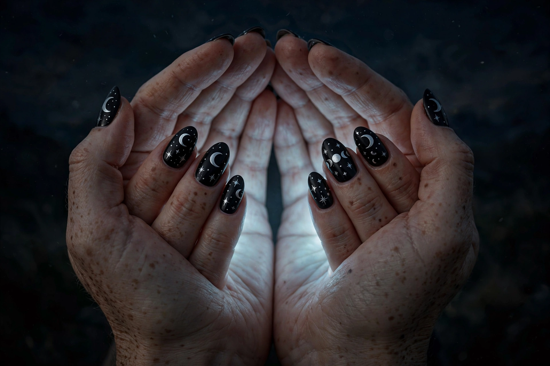 Black Halloween nail designs with silver moon phase art