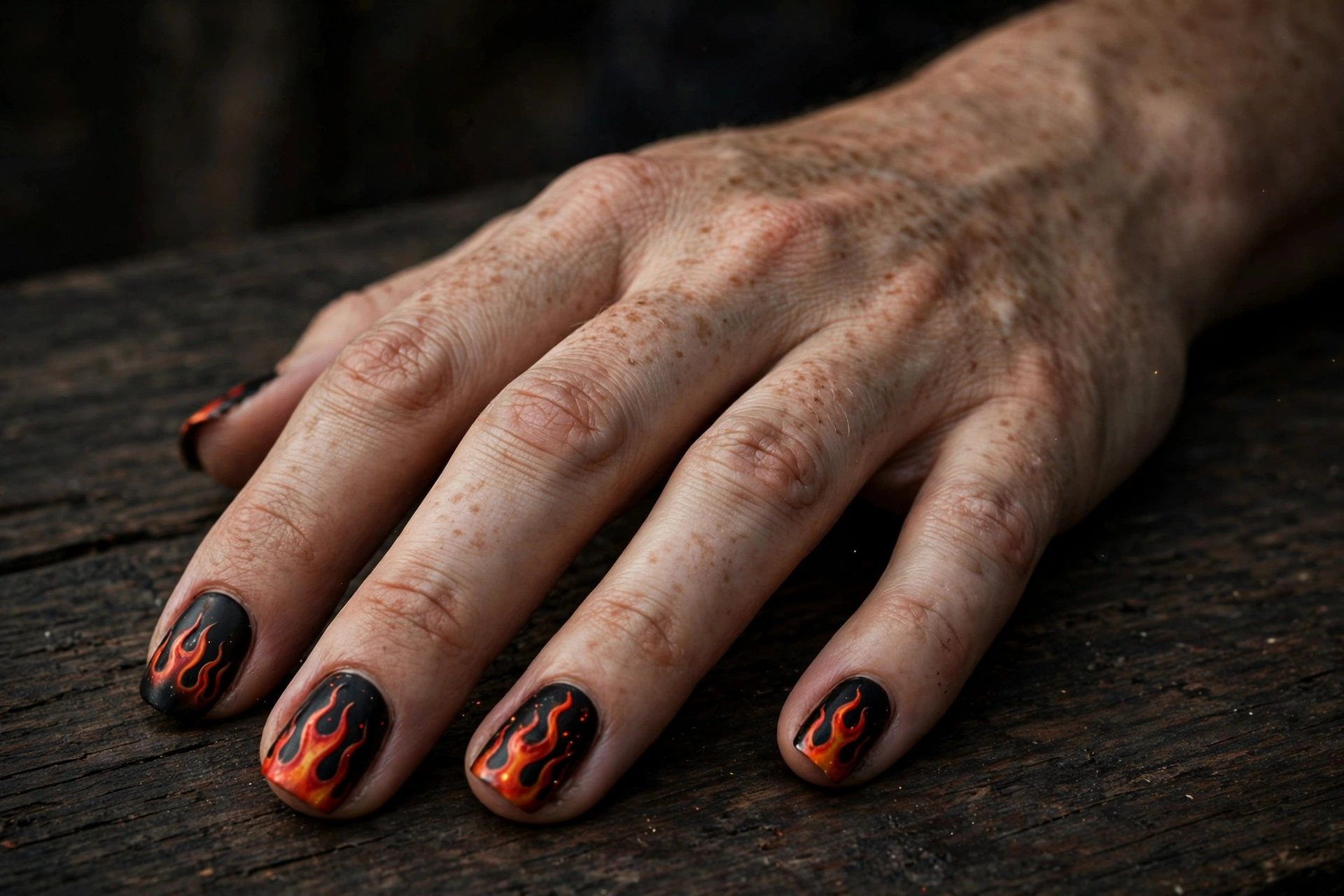 Black Halloween nails with orange flame tip designs
