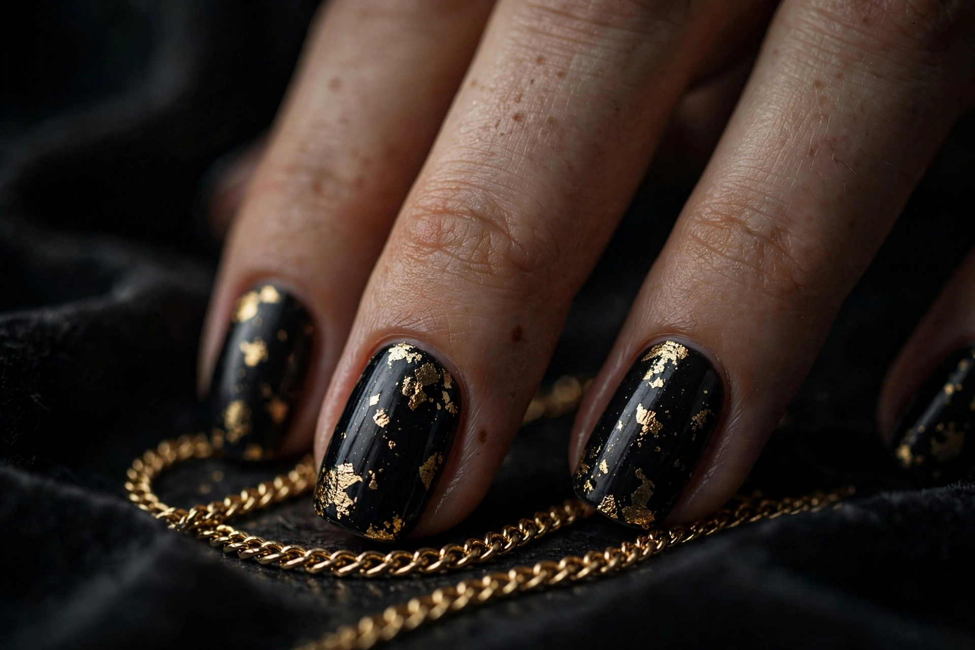 Glossy black Halloween nails with gold foil flecks