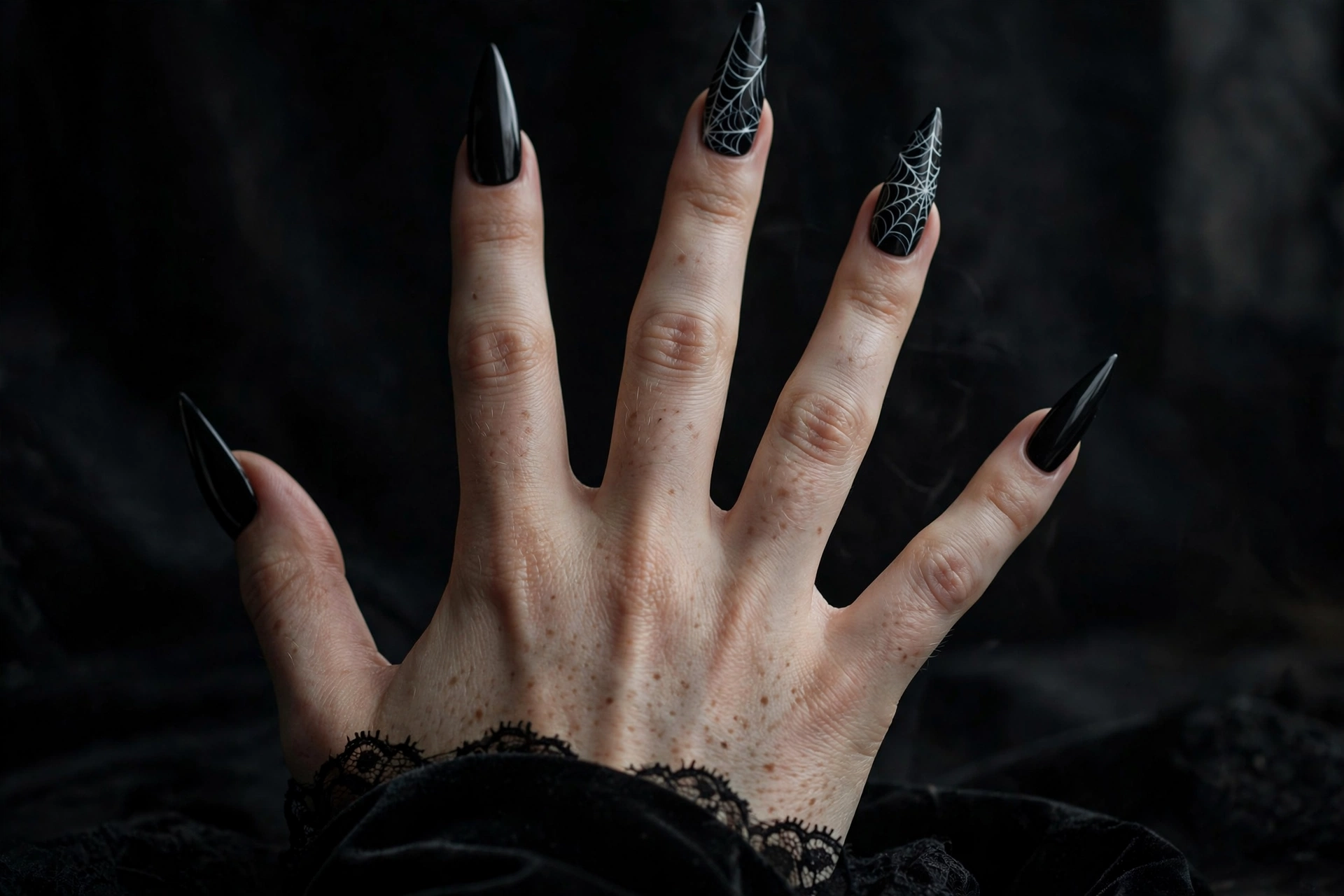 Long stiletto black Halloween nails with white cobweb detail