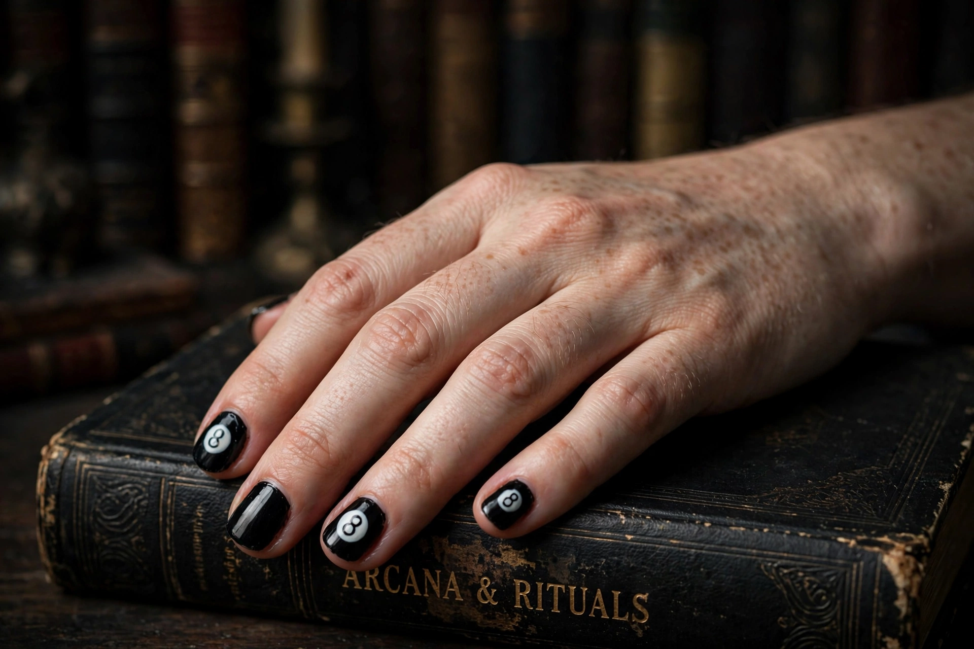 Black Halloween nails with magic 8-ball nail art
