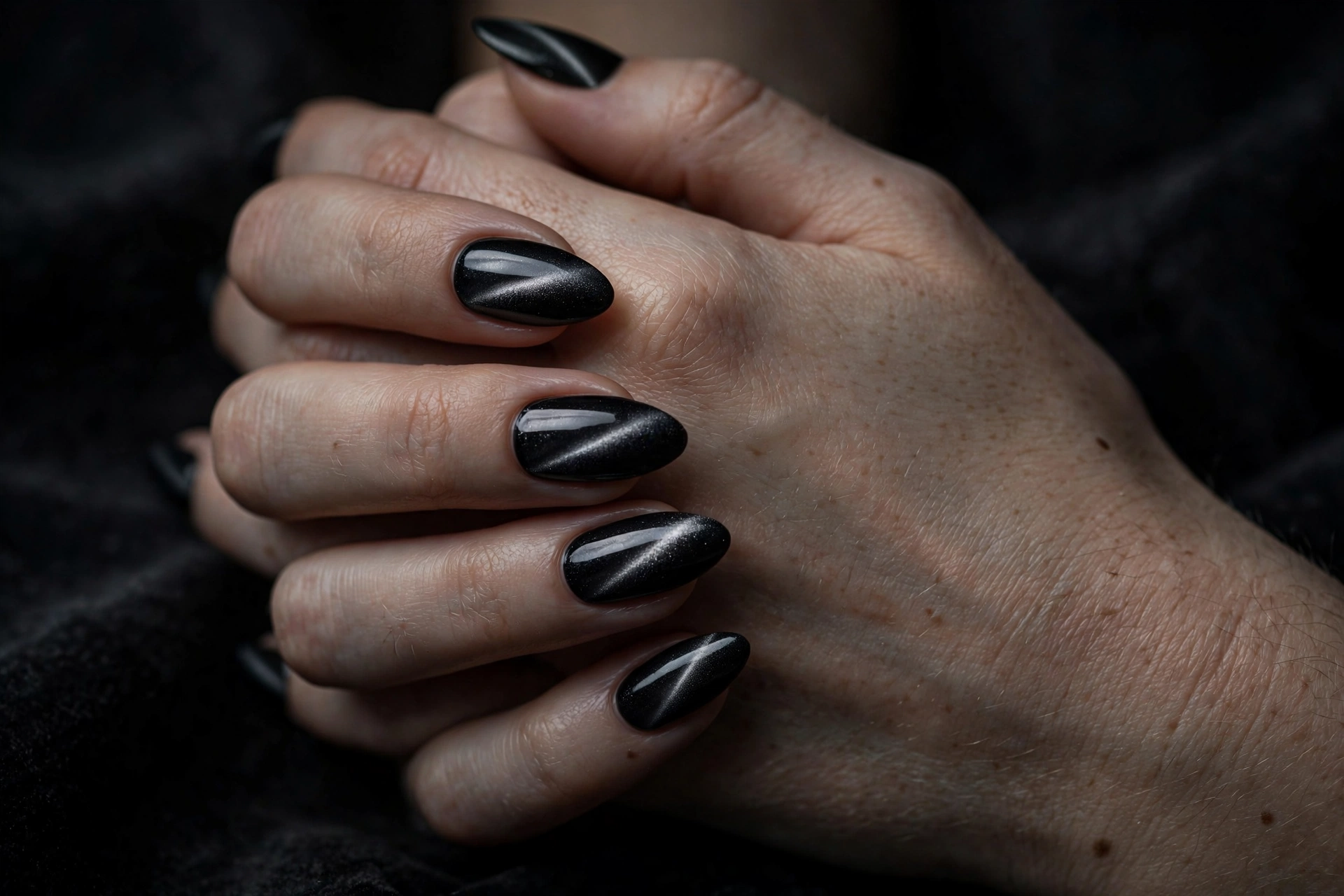 Black cat-eye magnetic shimmer Halloween nails