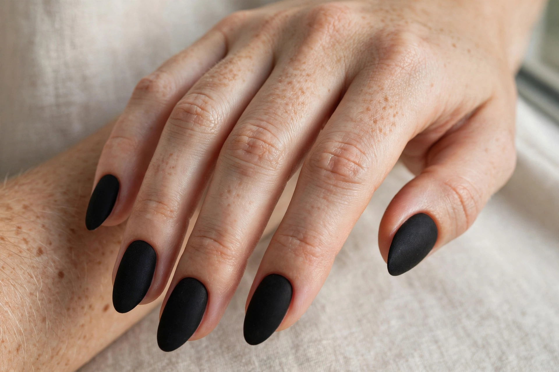 Velvety matte black nail polish on almond shaped nails