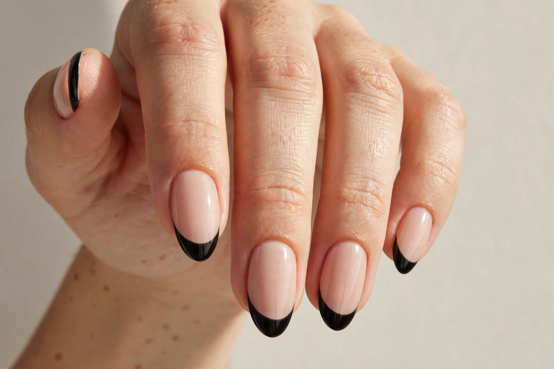 Black French tip nails with black tips on a nude base