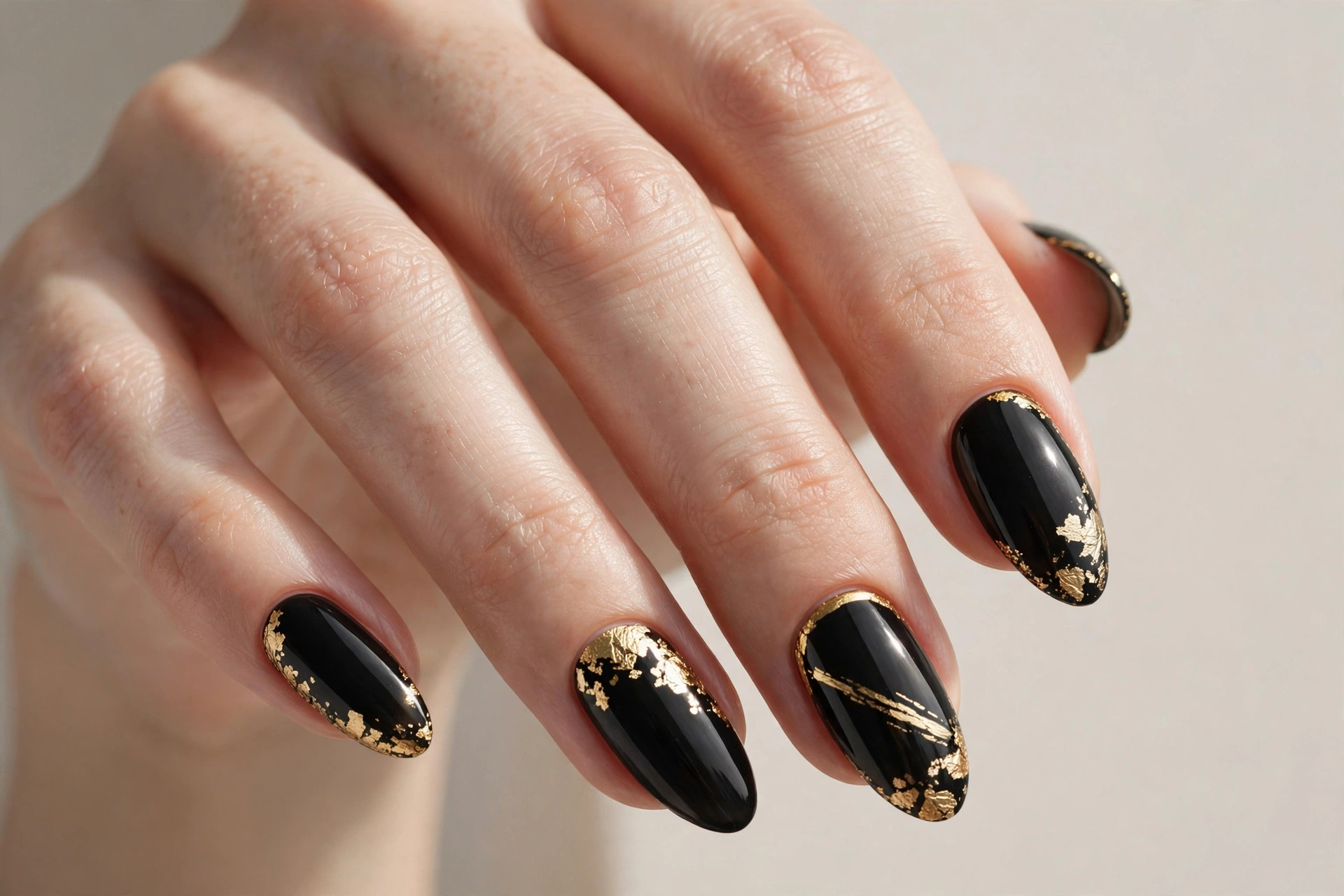 Black nails with gold foil accents