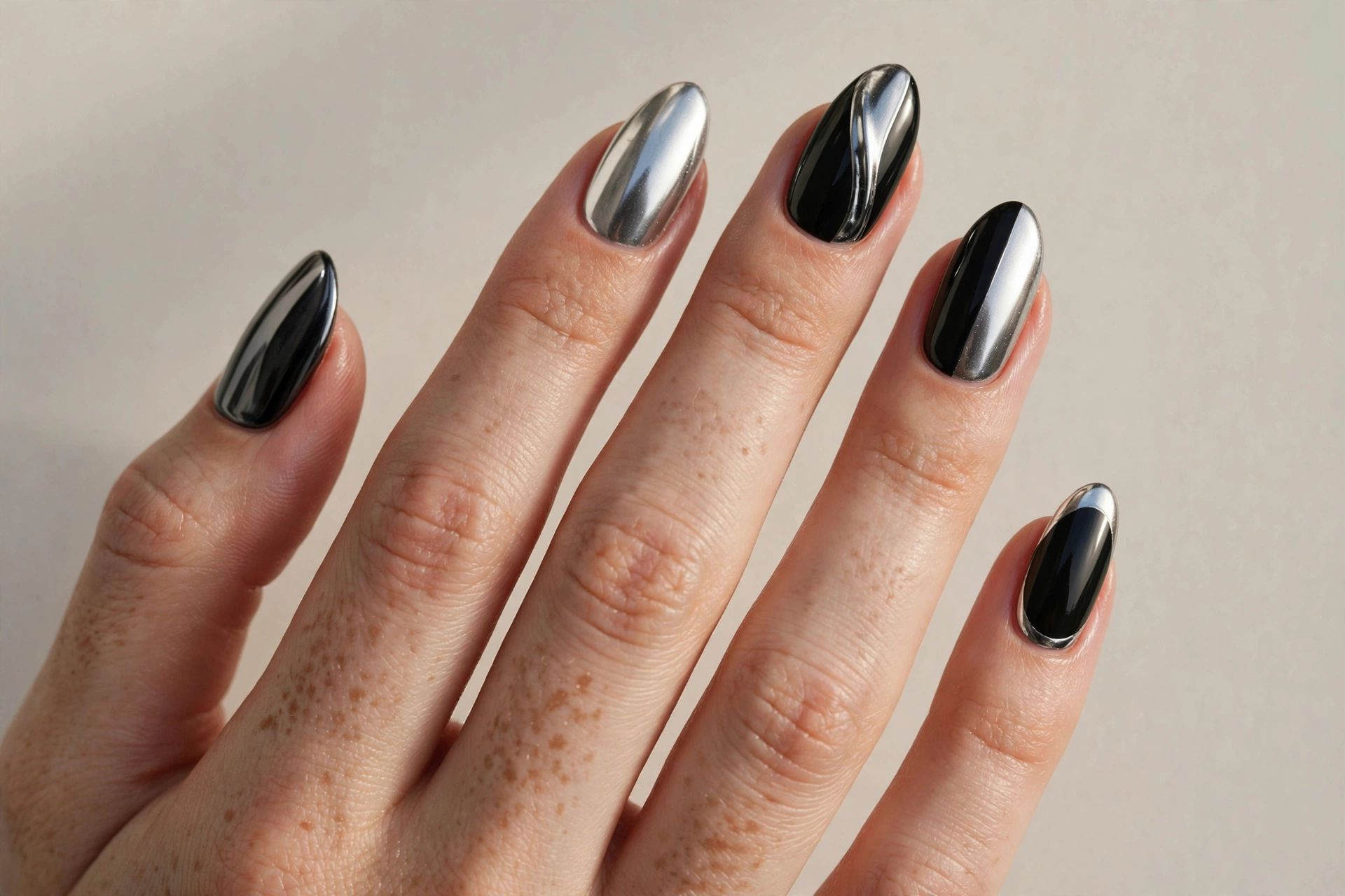 Black and silver chrome metallic nails