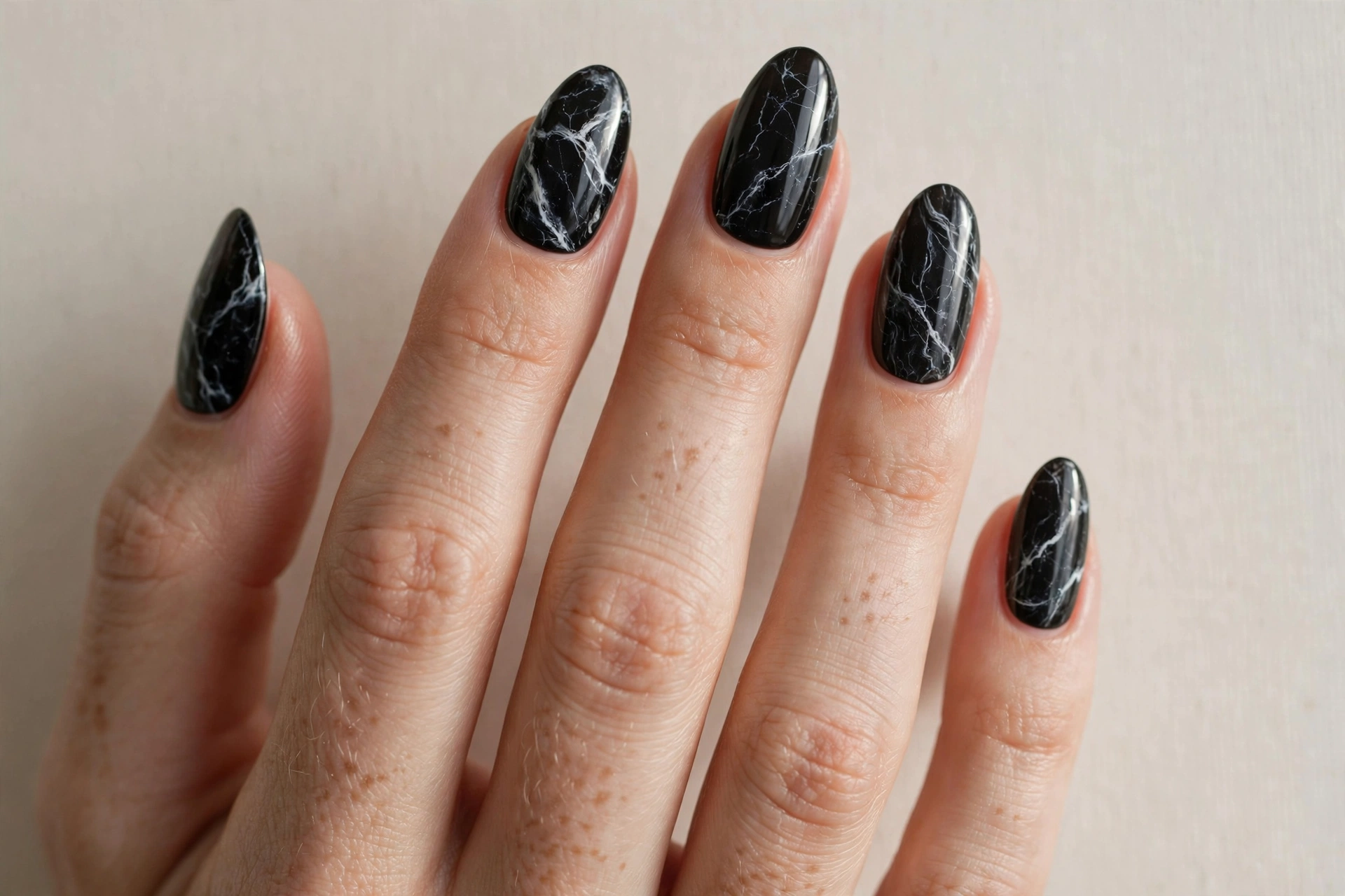 Black marble nail art with white veining