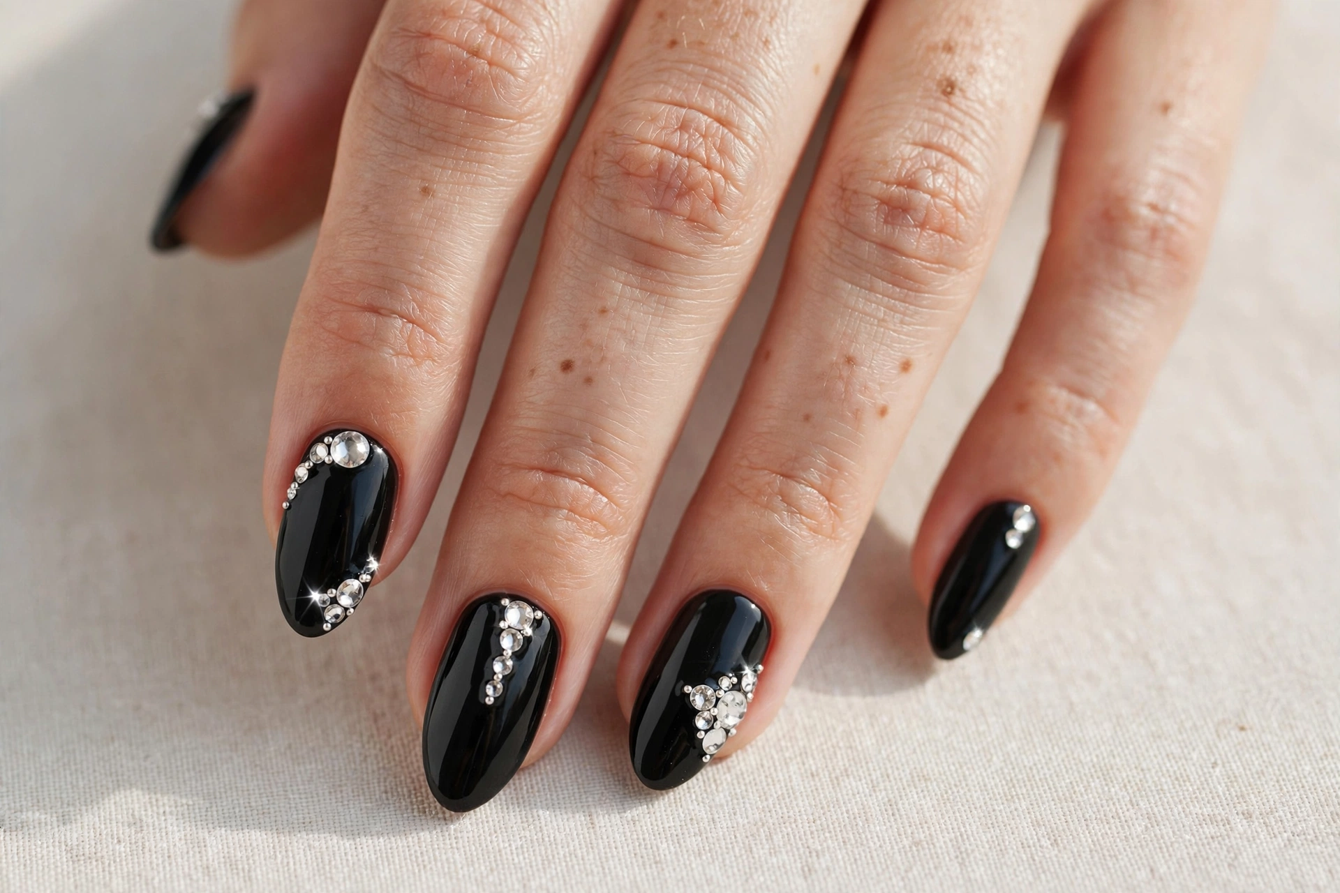 Black nails decorated with rhinestone crystals