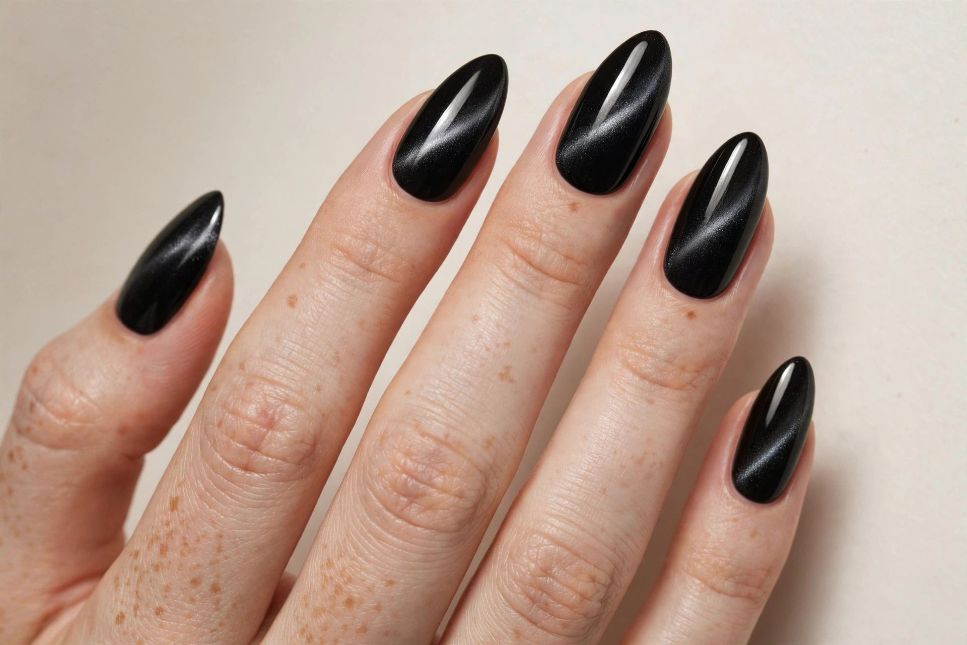 Black cat-eye magnetic nail polish with light reflection