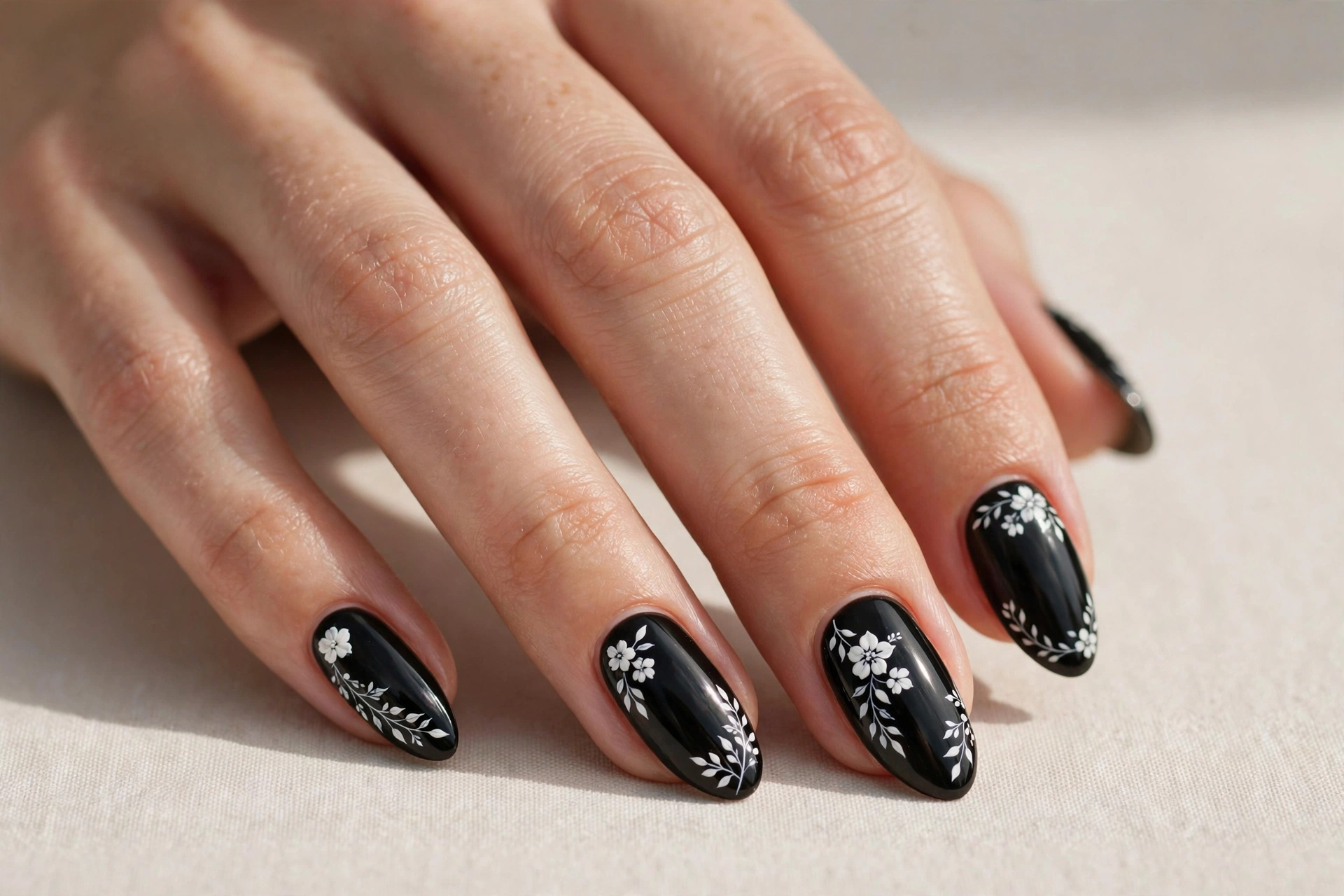 Black nails with delicate white floral nail art