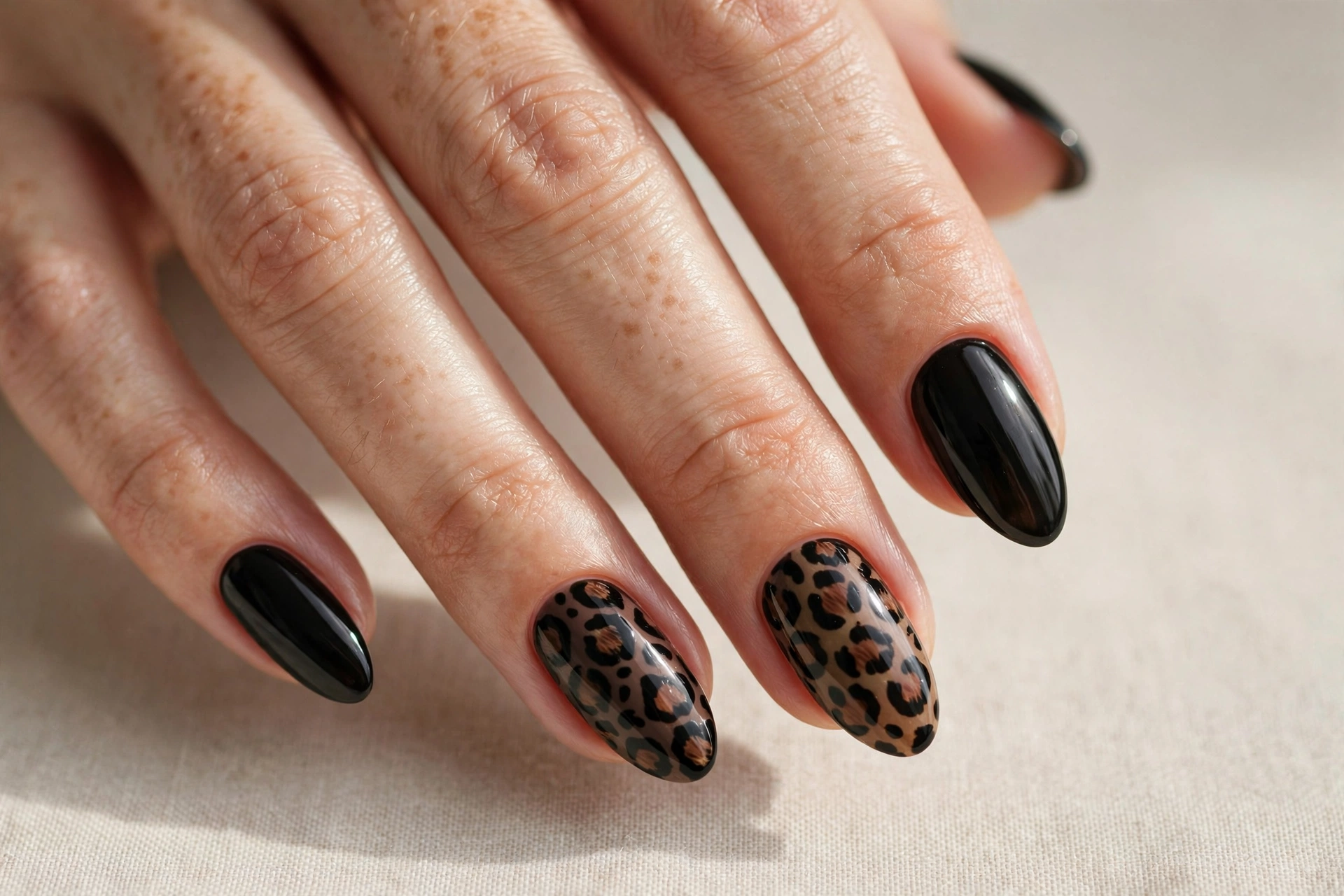 Black nails with leopard print nail art accents