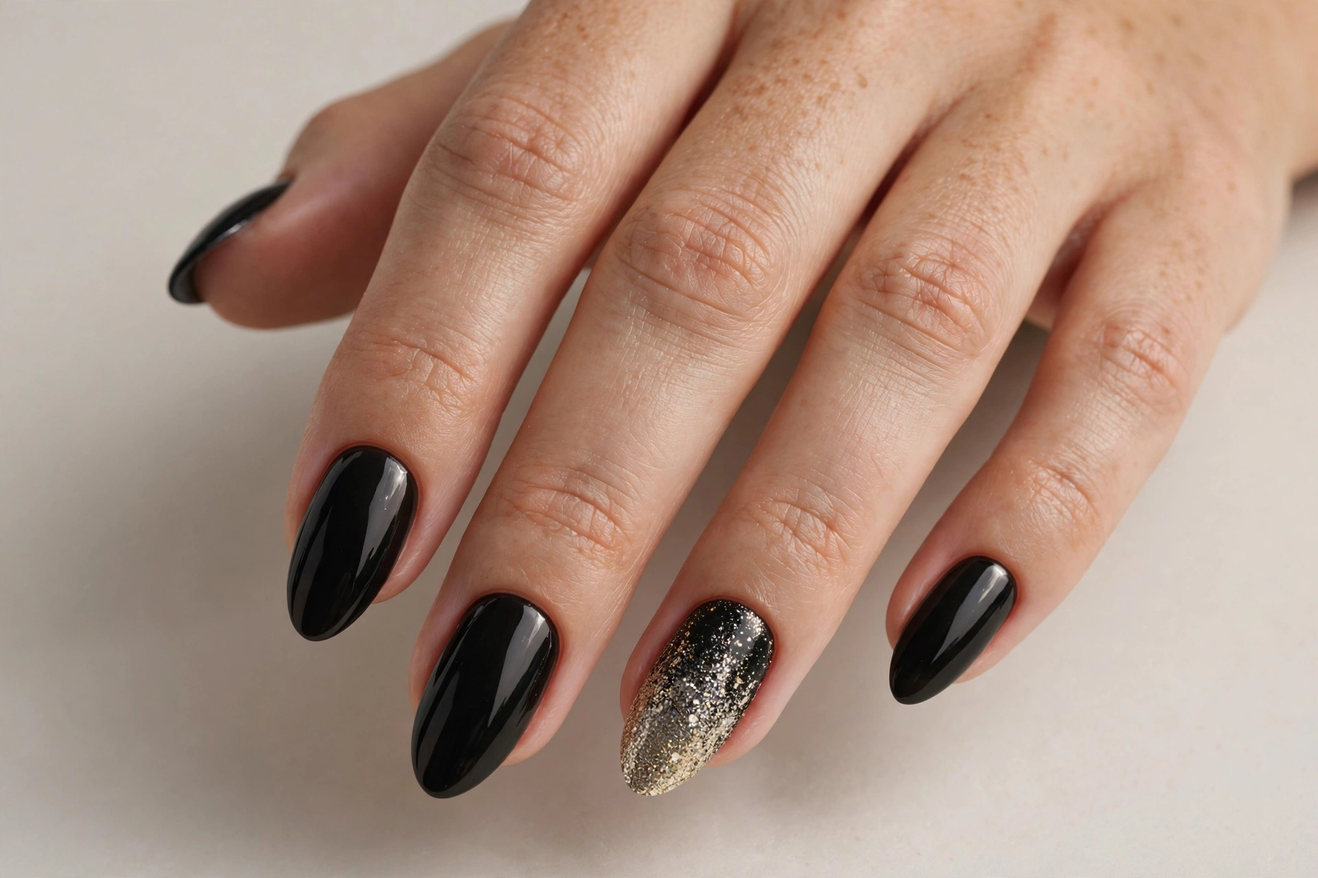 Black nails with glitter gradient accent nails