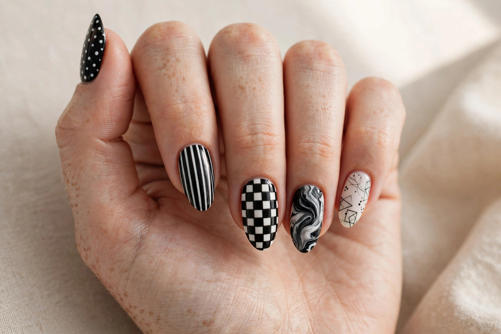 Black and white mix-and-match nail art