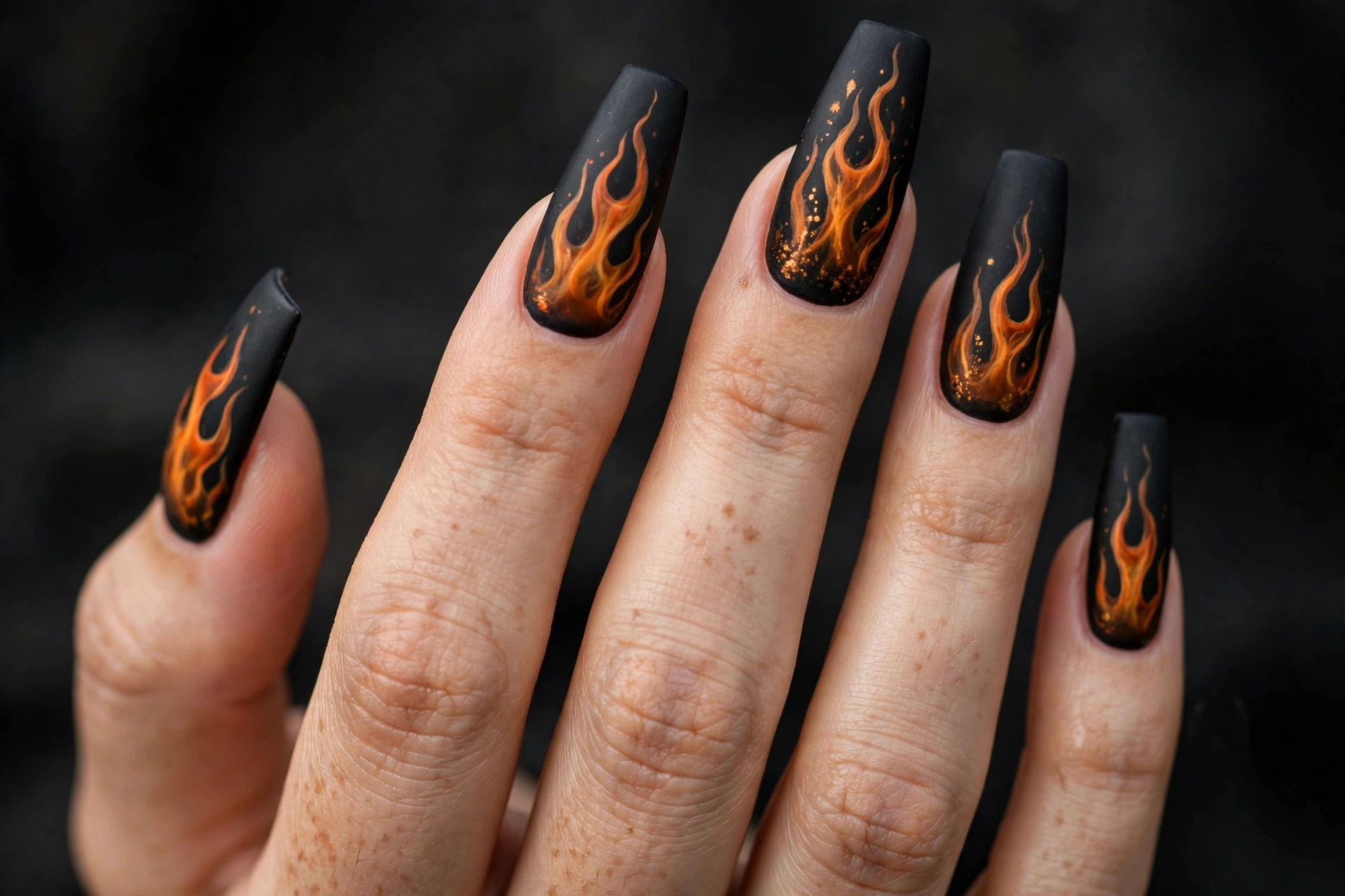 Long matte black coffin nails with hand-painted orange and amber flame art rising from the cuticles