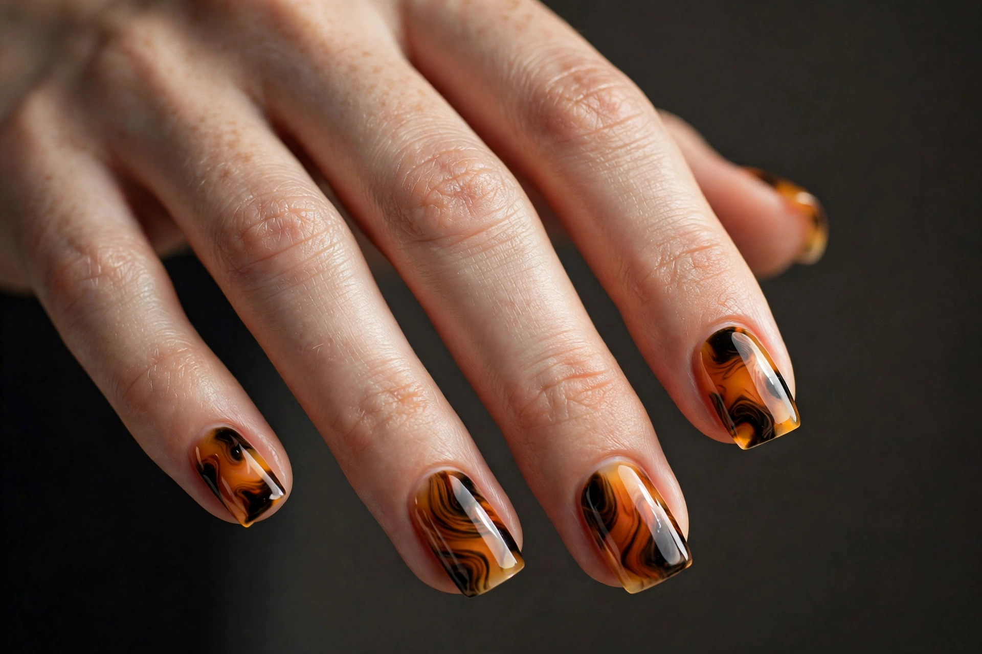 Square nails with glossy tortoiseshell pattern in translucent amber-orange and black swirls
