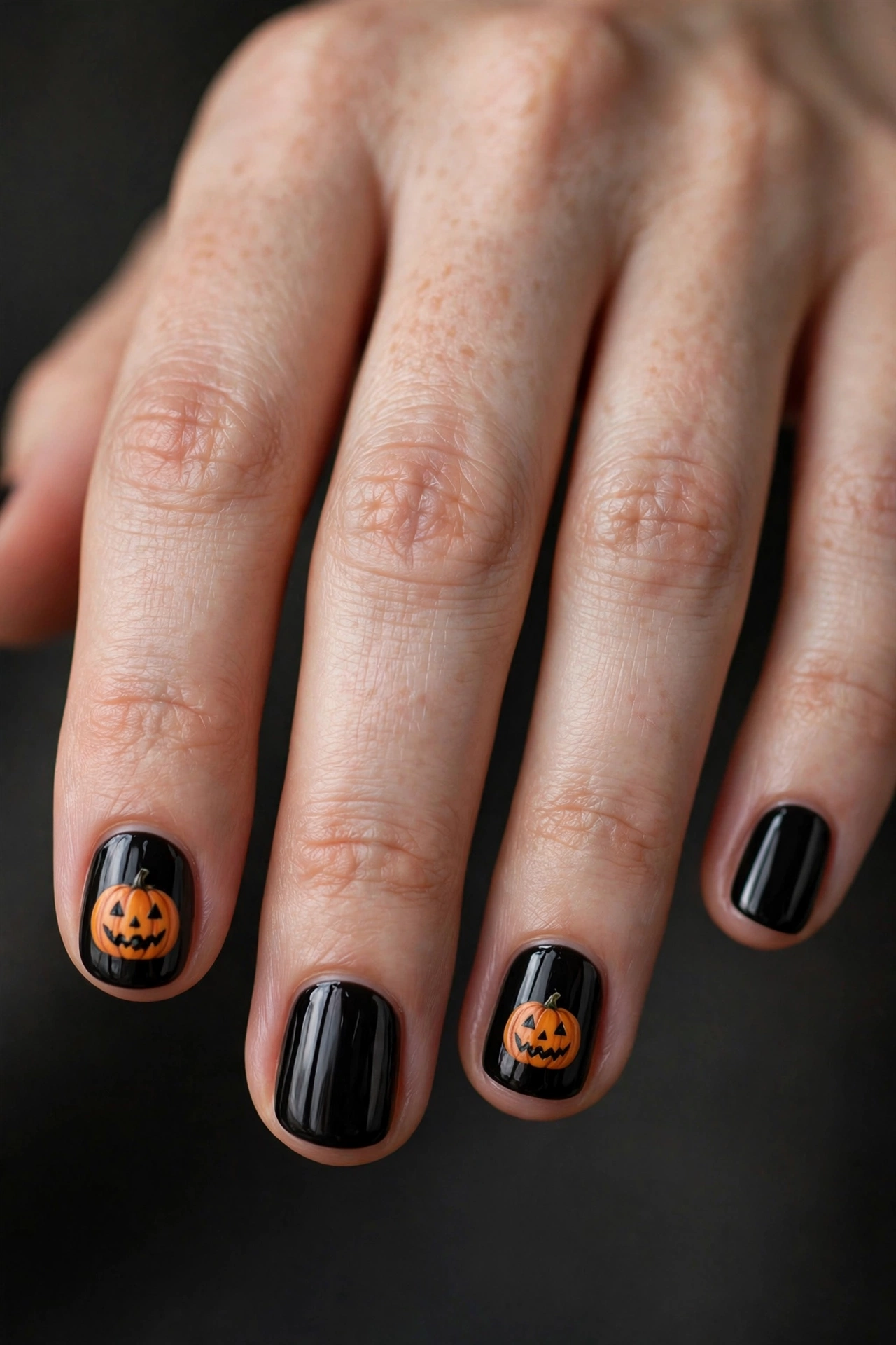 Short round black nails with tiny hand-painted orange jack-o-lantern pumpkin faces on accent nails