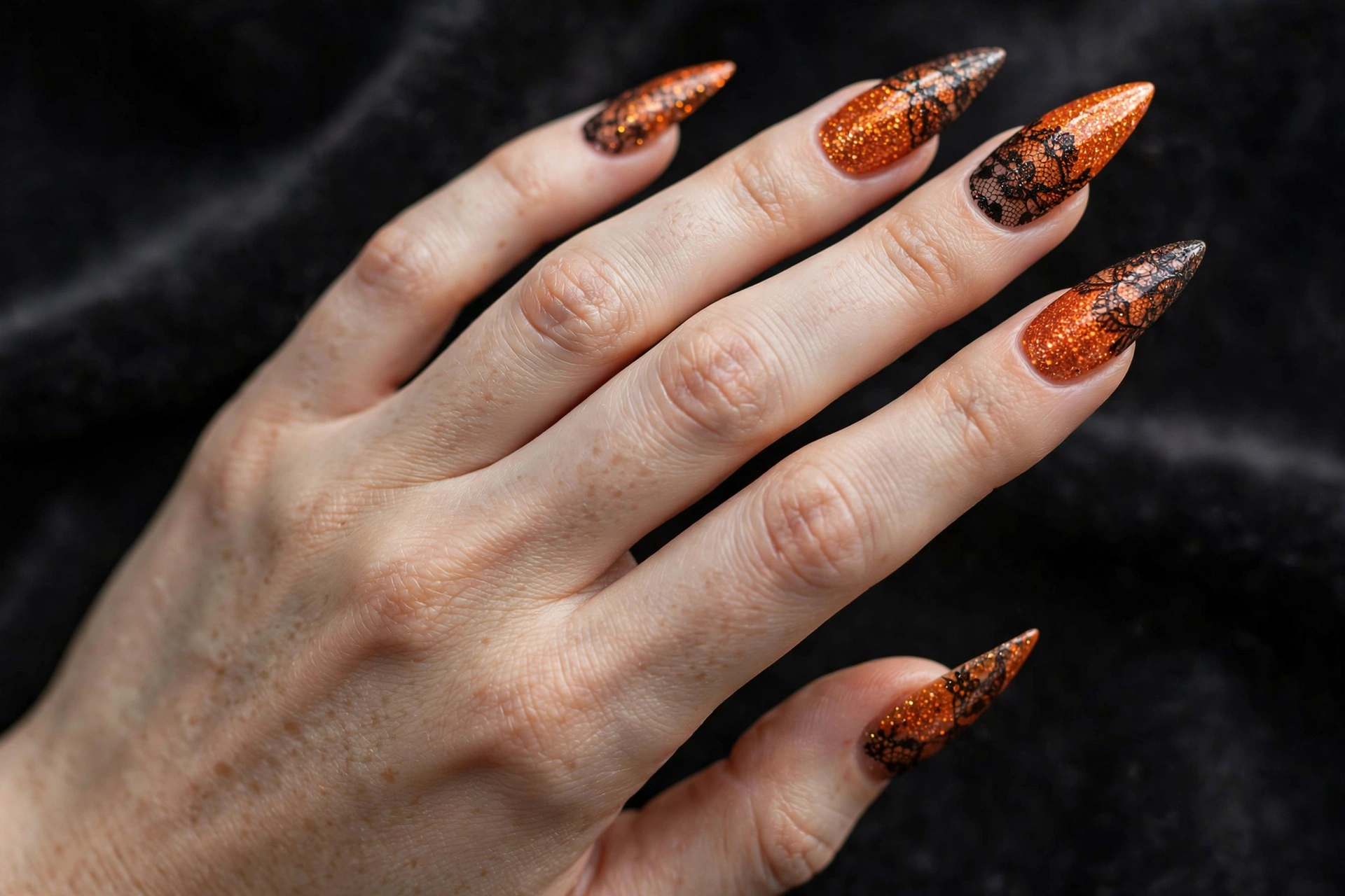 Stiletto nails with sparkling orange glitter base and delicate black lace-pattern overlay