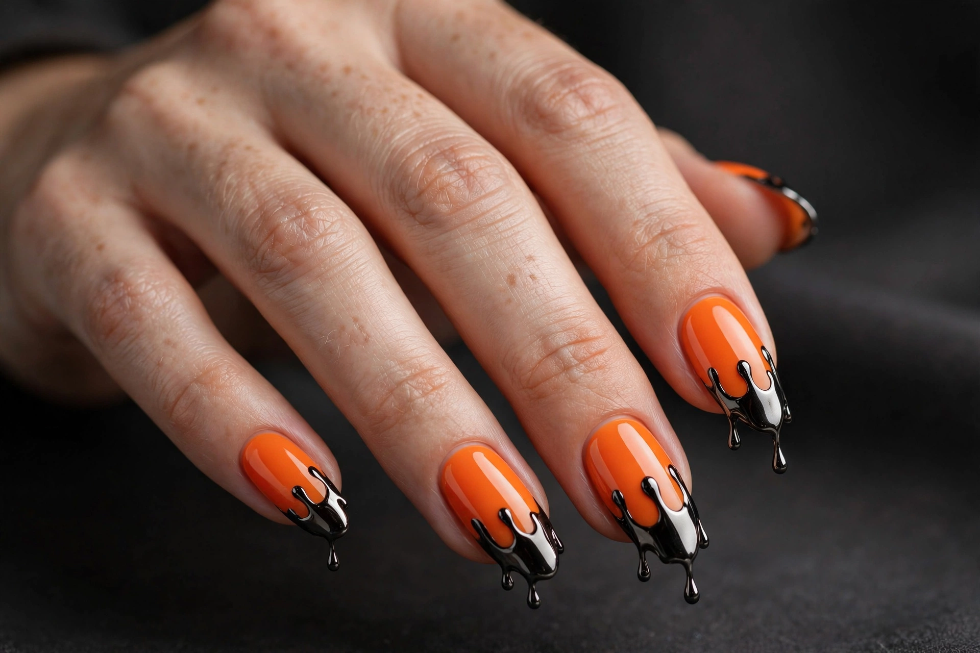 Almond nails with vivid orange base and glossy black chrome drip tips melting from the free edge