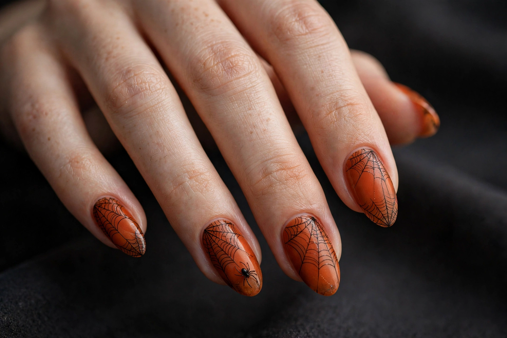Almond nails with burnt-orange base and fine black spiderweb line art with a tiny spider accent