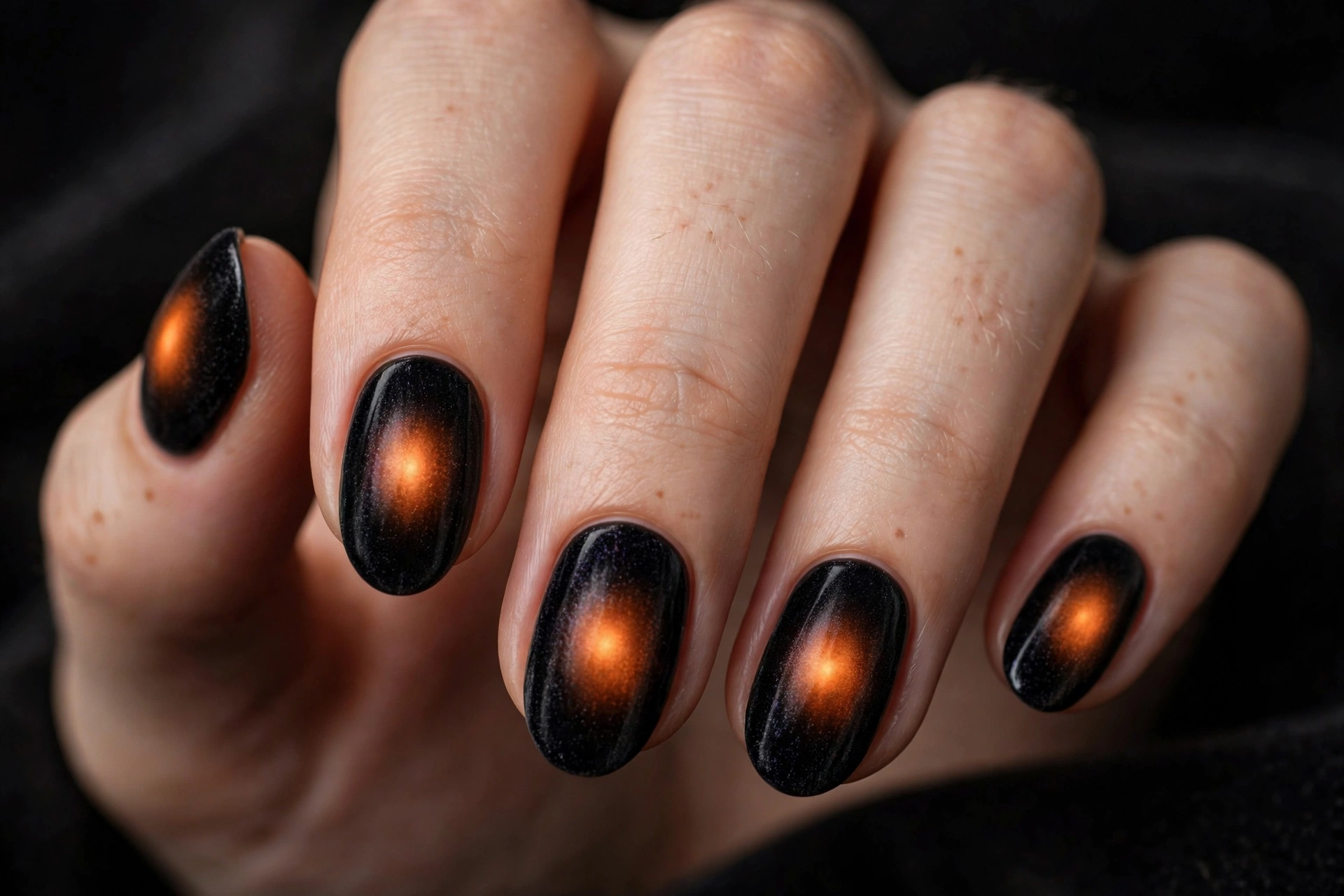 Oval nails in black velvet cat-eye magnetic polish with a glowing orange aura halo at the center