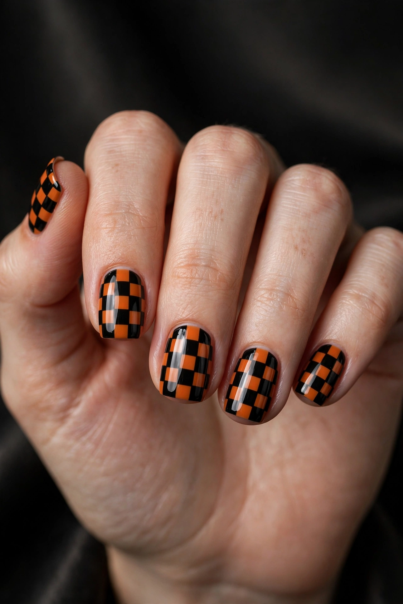 Short square nails in a high-gloss black and orange checkerboard pattern