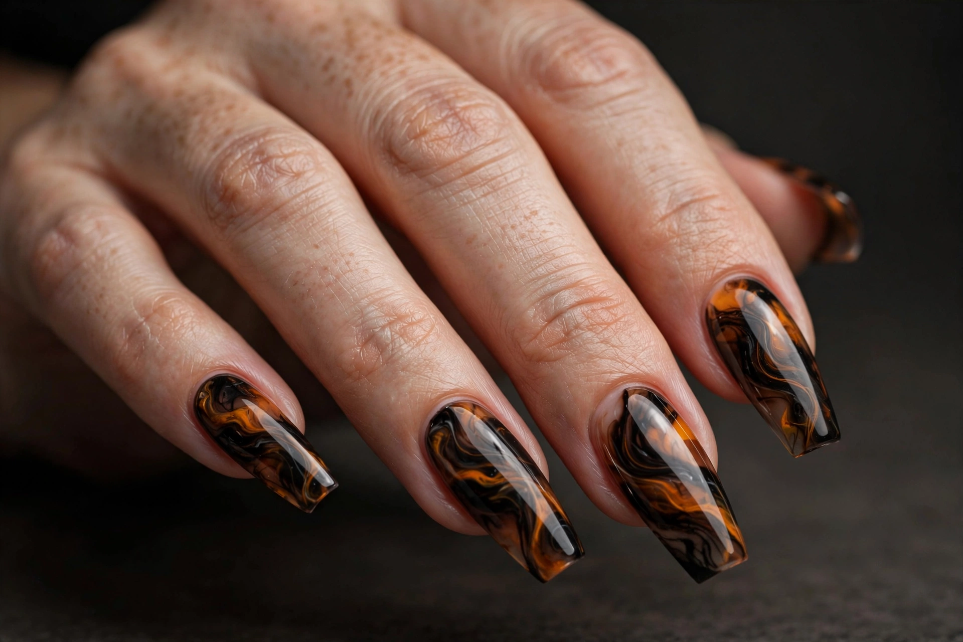 Long coffin nails with smoky black and orange marble swirl nail art in a glossy finish