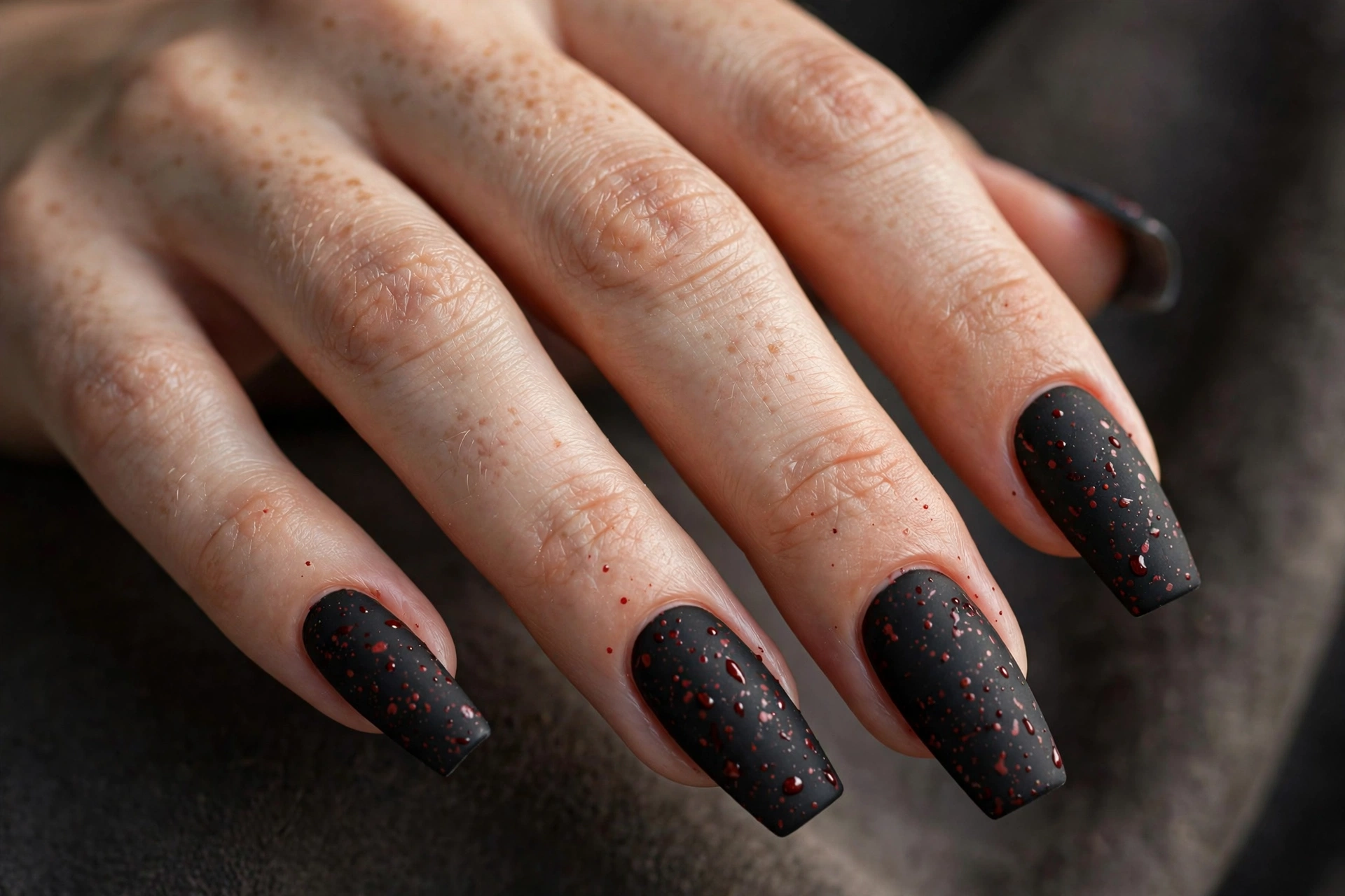 Coffin nails with blood splatter art over a matte black base